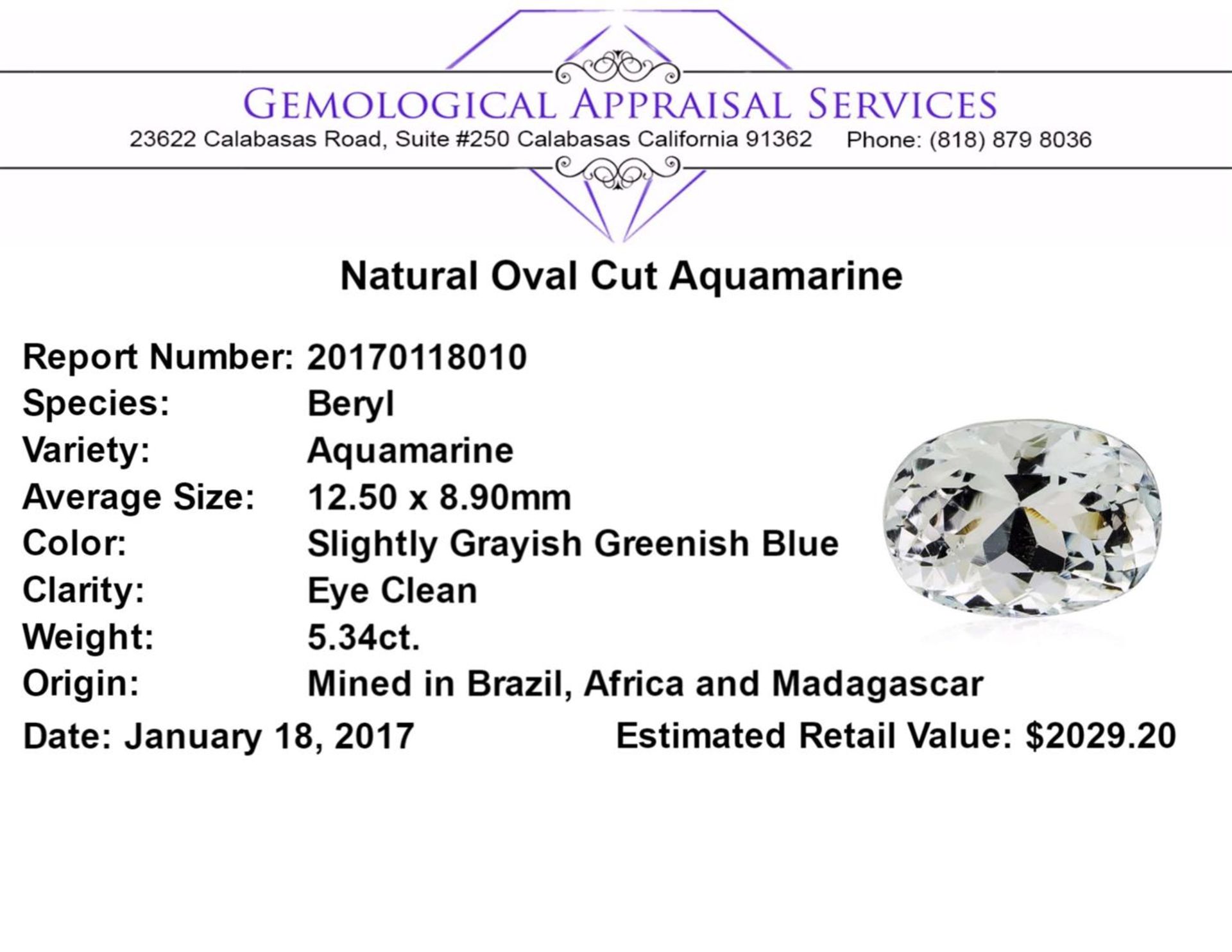 5.34 ct.Natural Oval Cut Aquamarine - Image 2 of 2