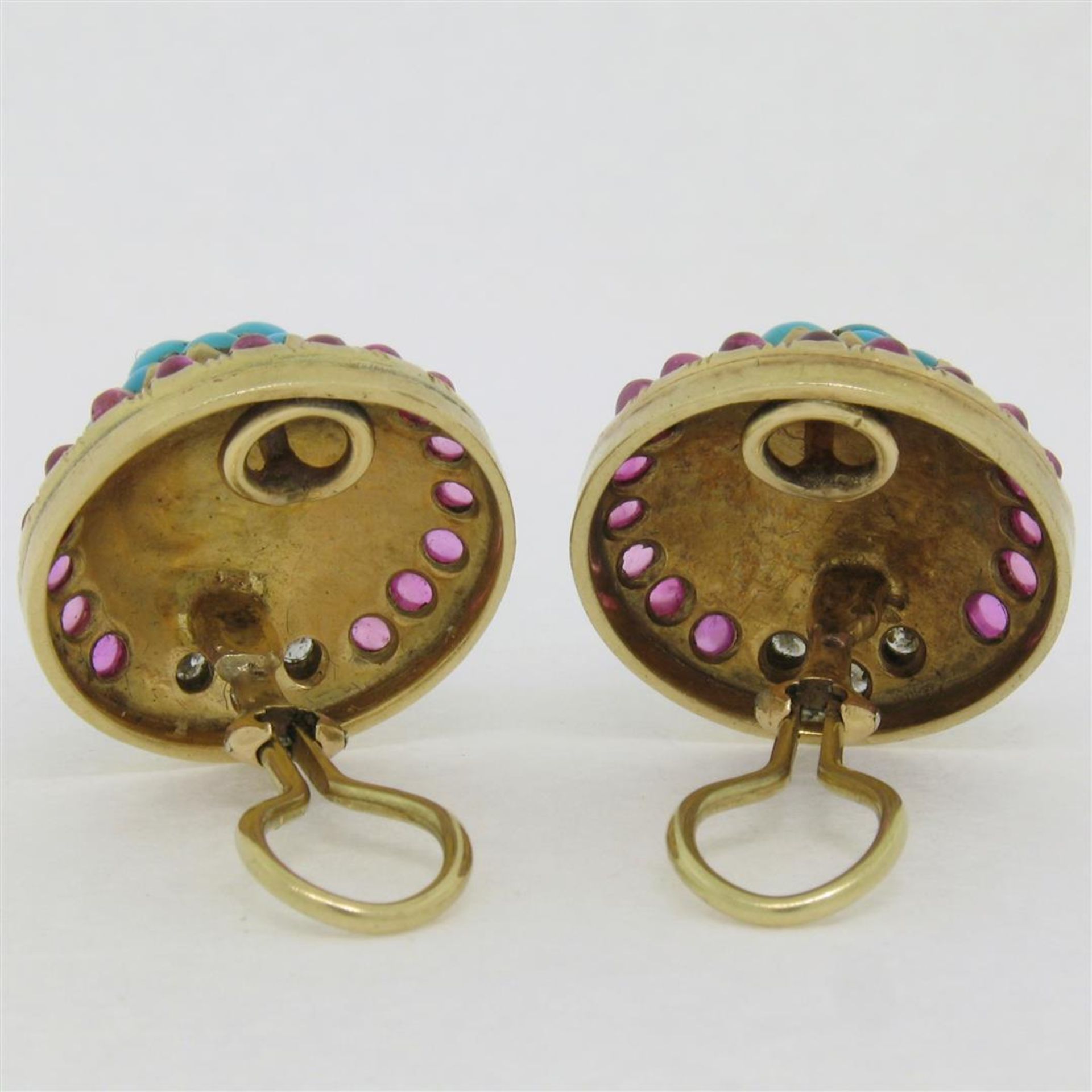 Vintage 14K Yellow Gold 3.56 ctw Turquoise Diamond & Ruby Cluster Button Earring - Image 4 of 9