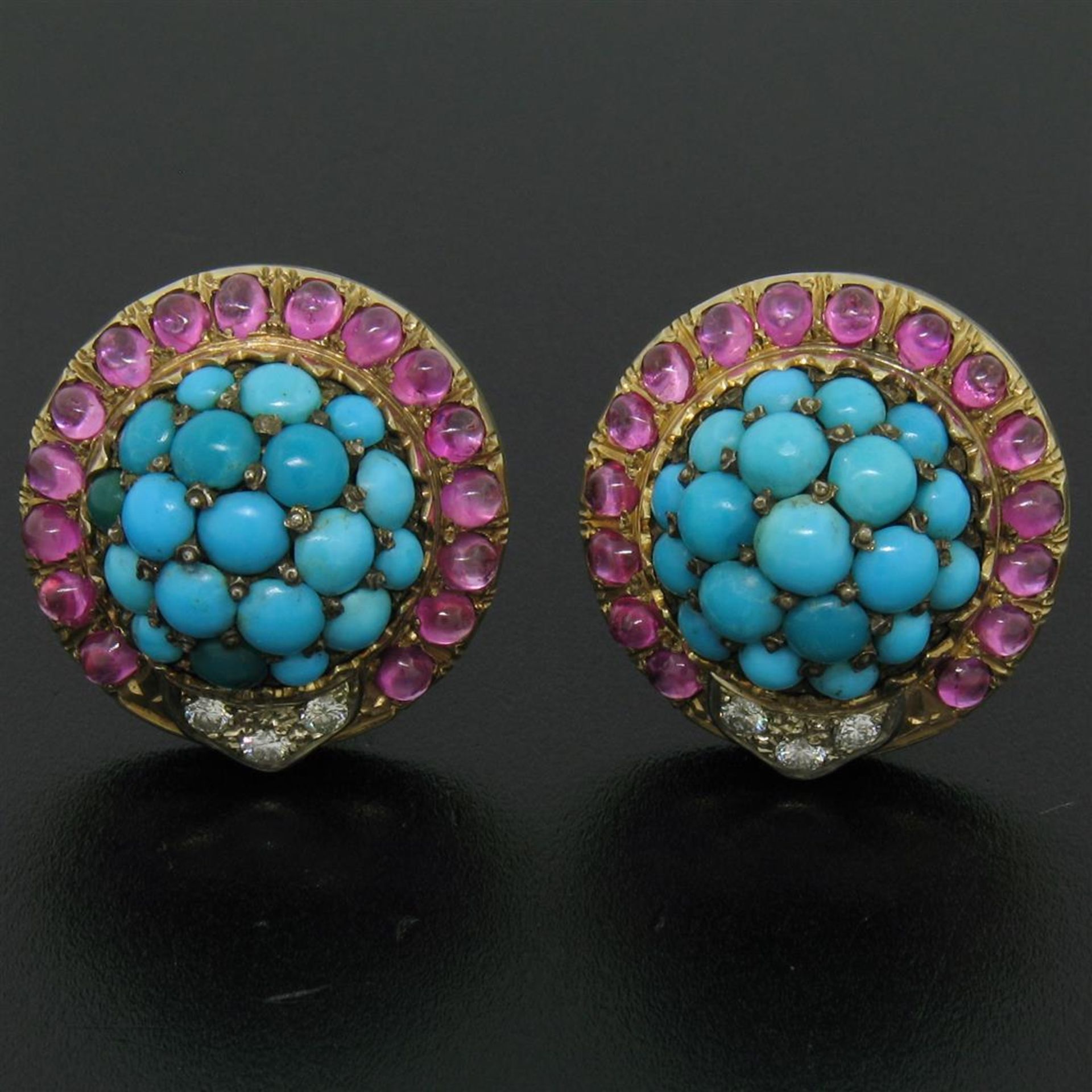 Vintage 14K Yellow Gold 3.56 ctw Turquoise Diamond & Ruby Cluster Button Earring - Image 6 of 9