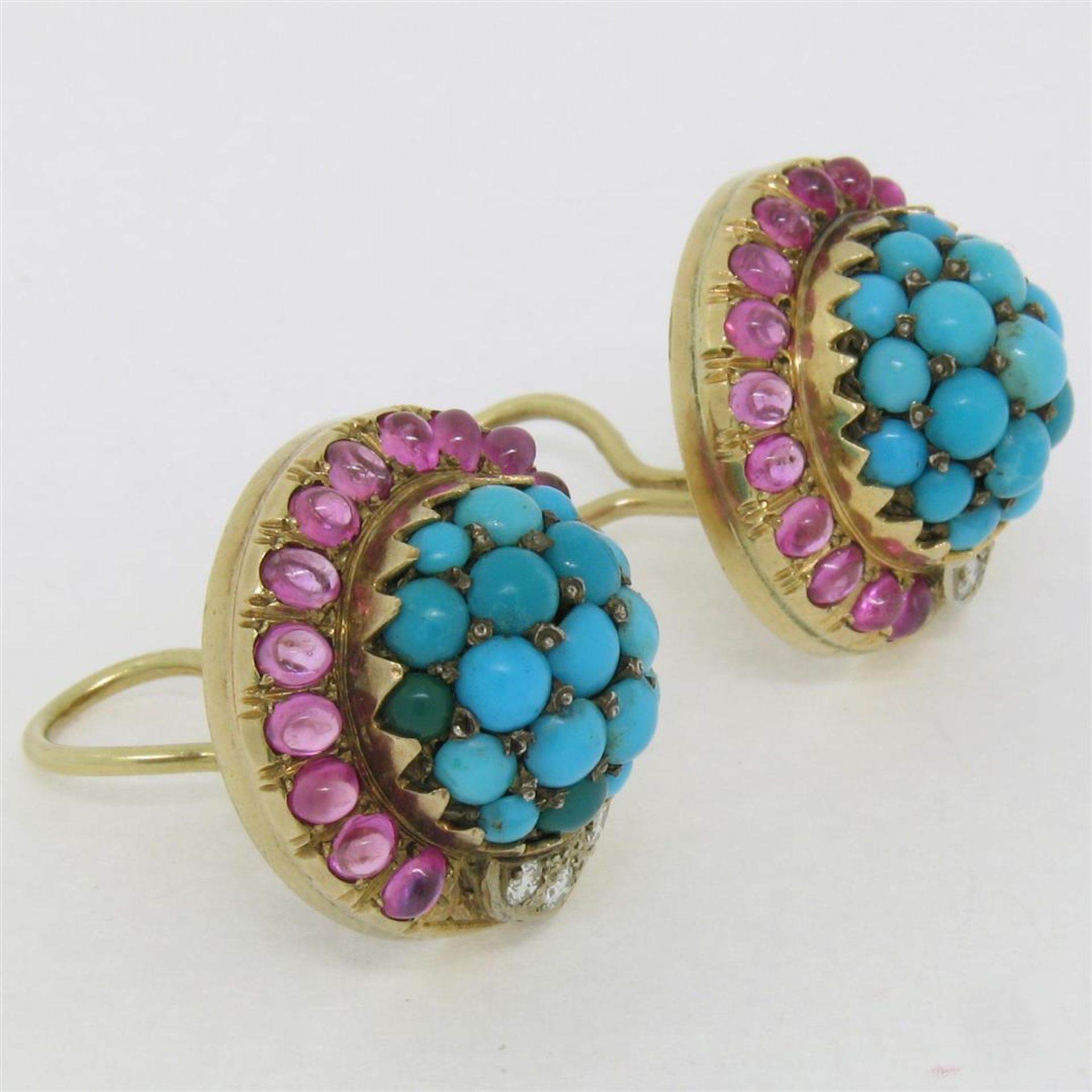 Vintage 14K Yellow Gold 3.56 ctw Turquoise Diamond & Ruby Cluster Button Earring - Image 3 of 9