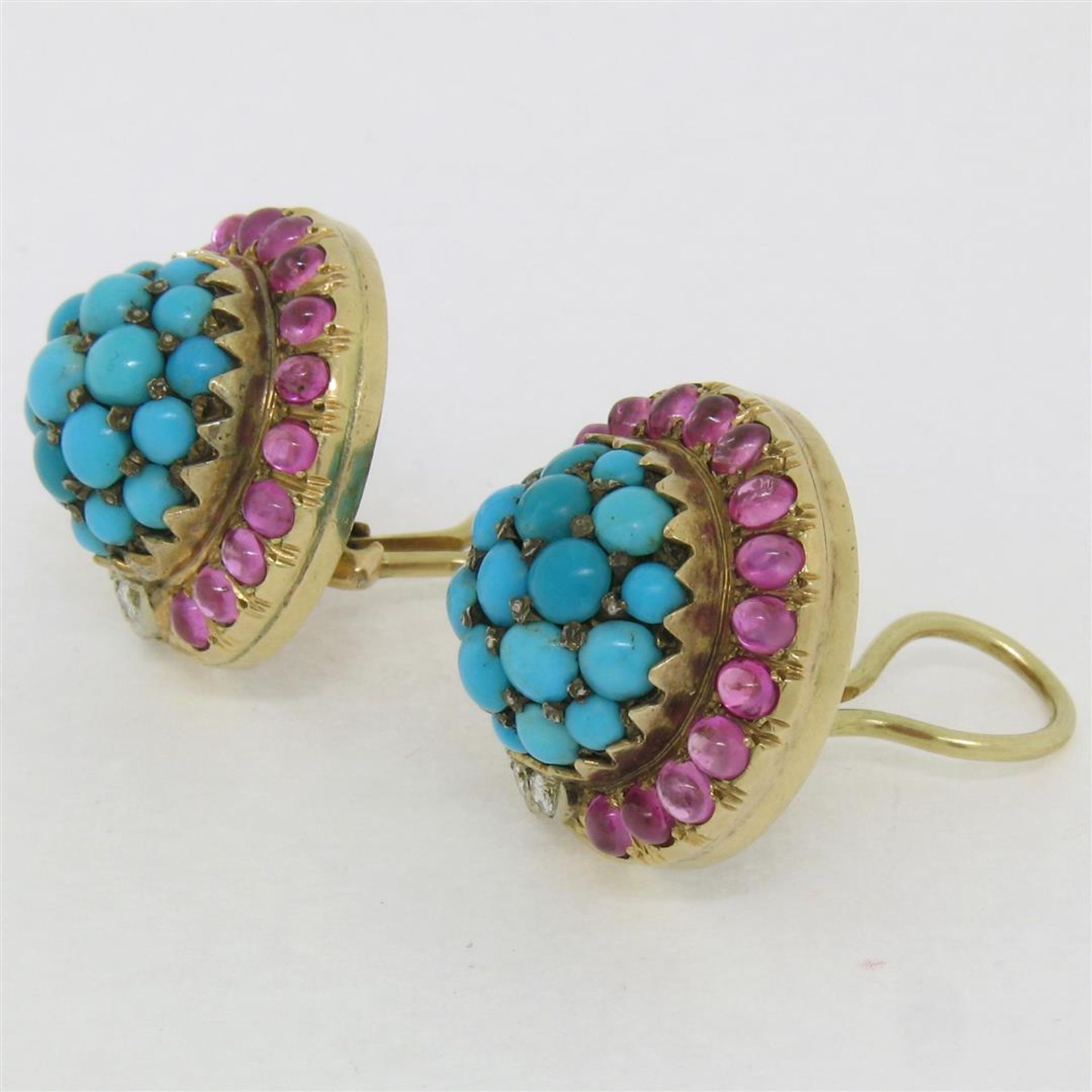Vintage 14K Yellow Gold 3.56 ctw Turquoise Diamond & Ruby Cluster Button Earring - Image 2 of 9