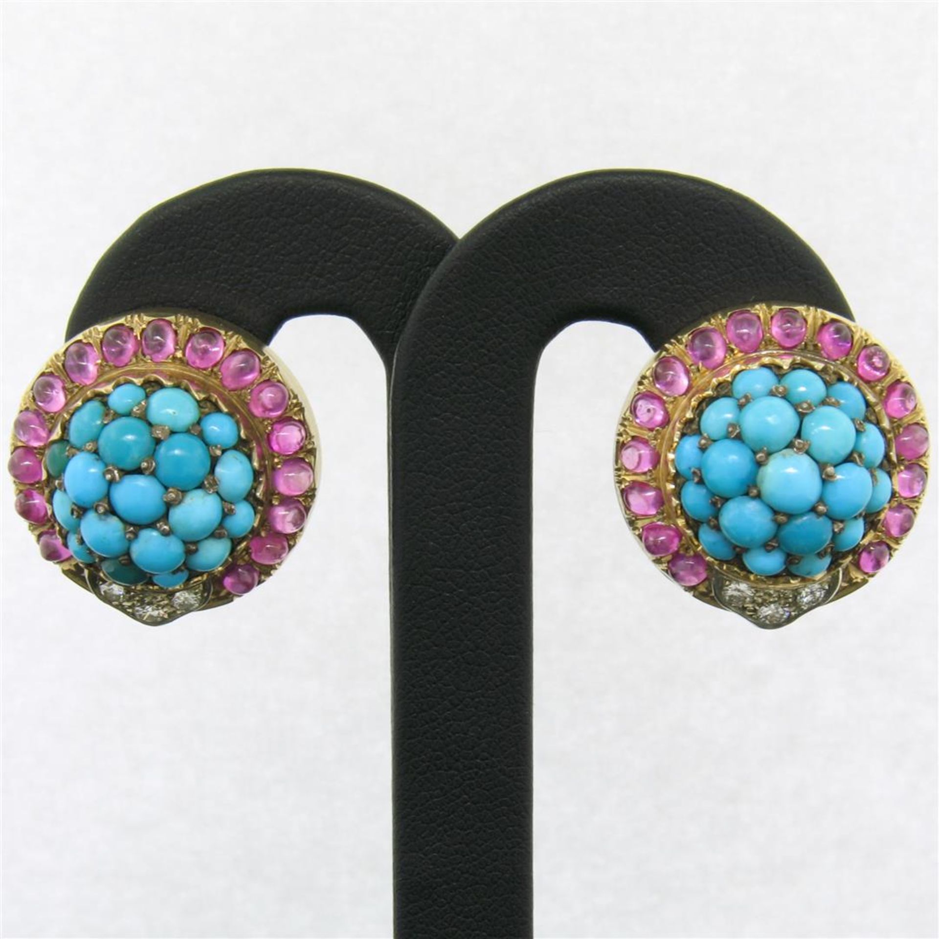 Vintage 14K Yellow Gold 3.56 ctw Turquoise Diamond & Ruby Cluster Button Earring - Image 7 of 9