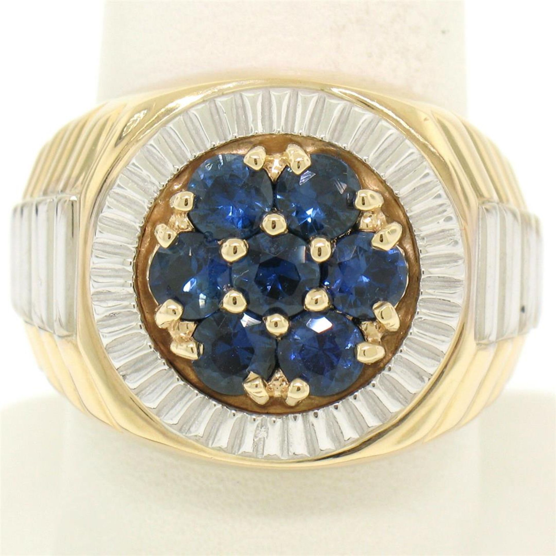 Men's 14k Two Tone Gold 2.50 ctw Round Sapphire Cluster Ribbed BOLD Ring