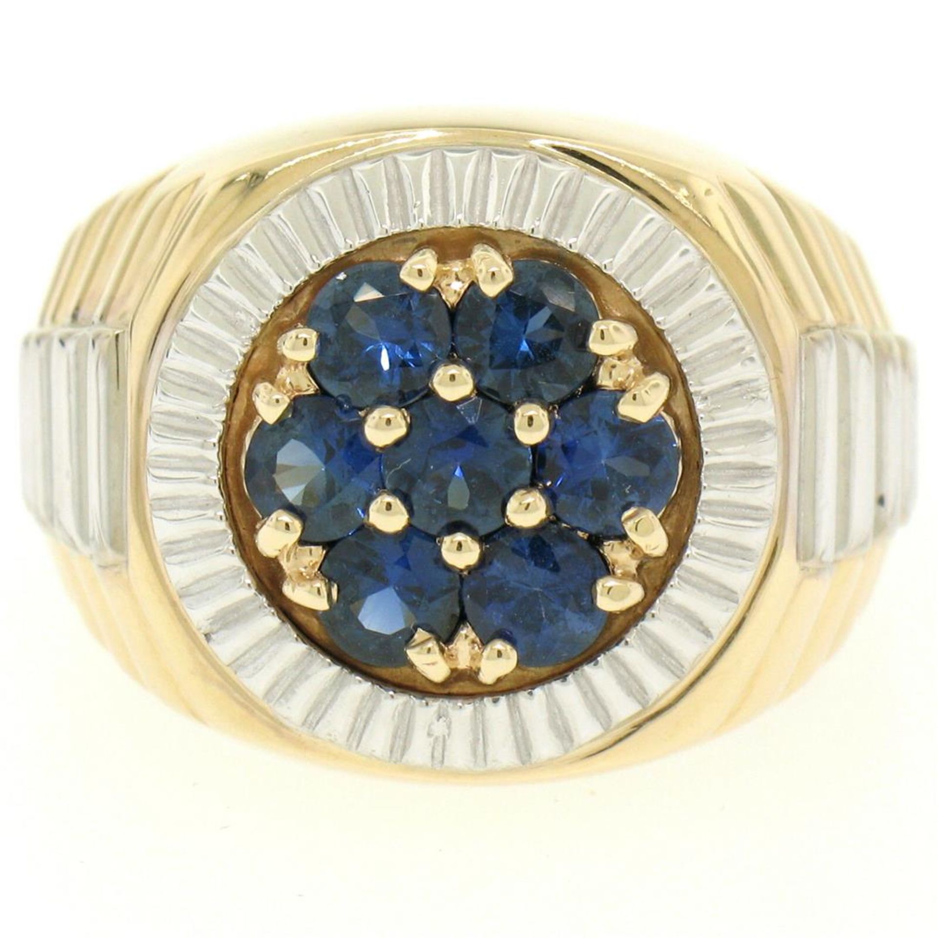 Men's 14k Two Tone Gold 2.50 ctw Round Sapphire Cluster Ribbed BOLD Ring - Image 4 of 7
