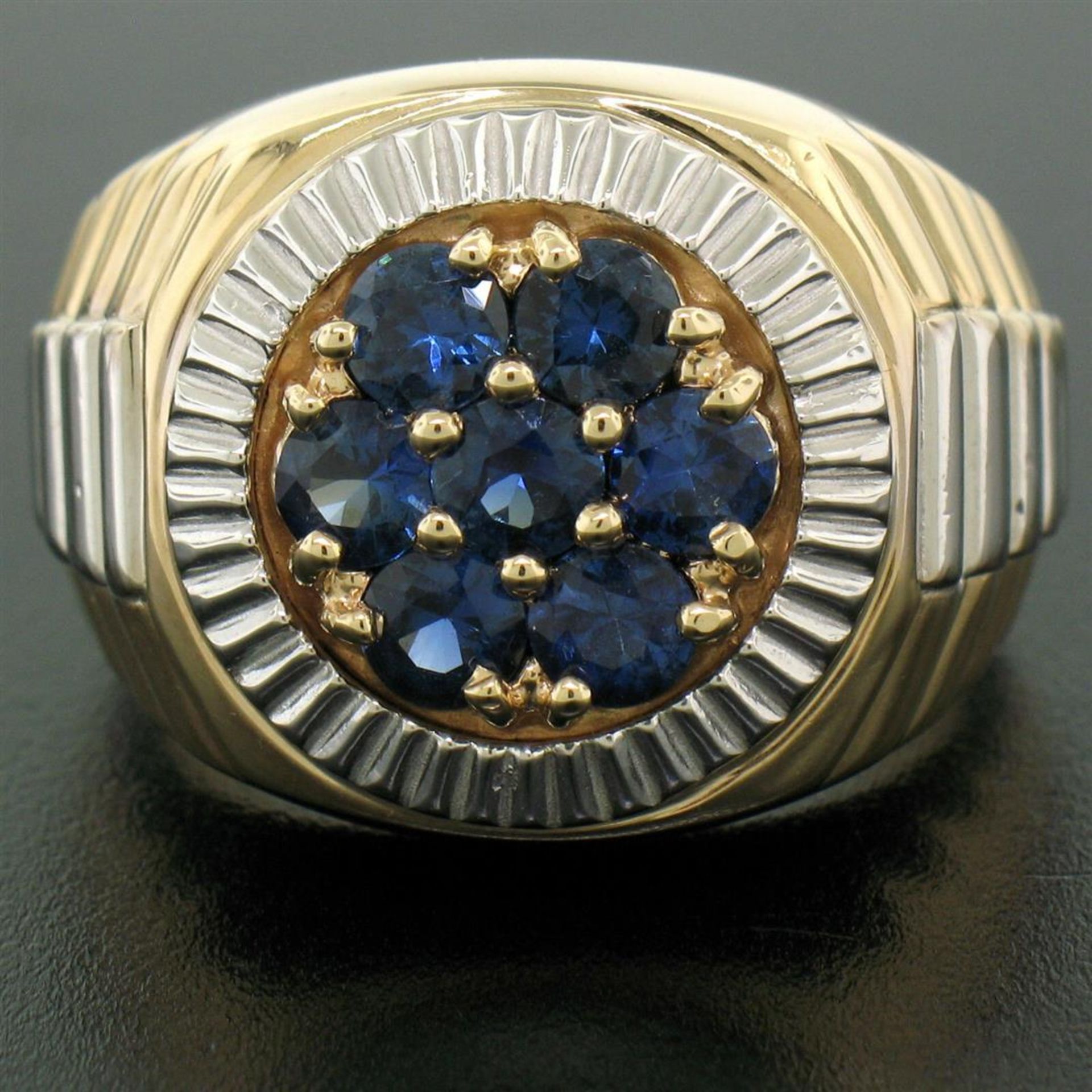 Men's 14k Two Tone Gold 2.50 ctw Round Sapphire Cluster Ribbed BOLD Ring - Image 2 of 7