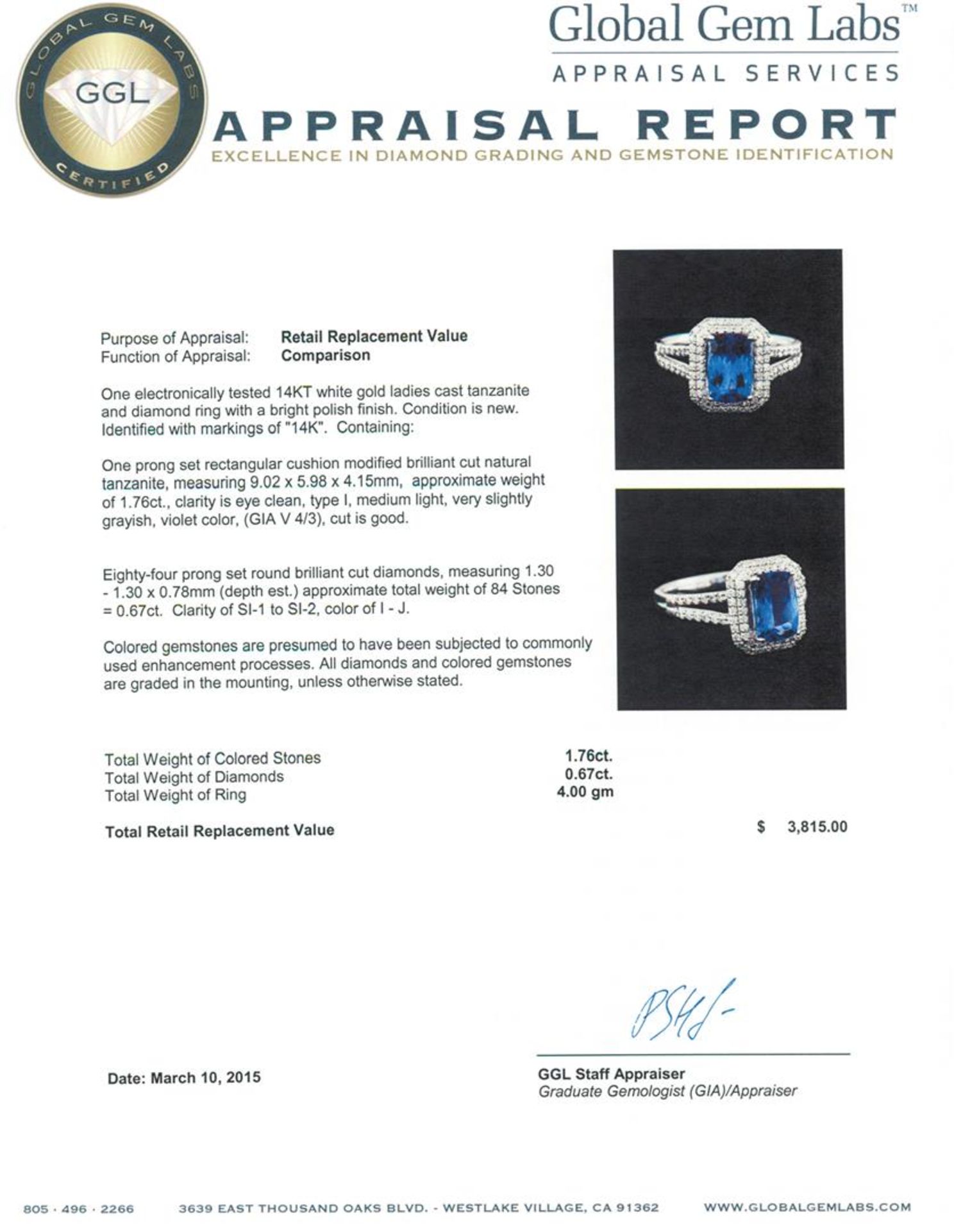 14KT White Gold 1.76 ctw Tanzanite and Diamond Ring - Image 5 of 5