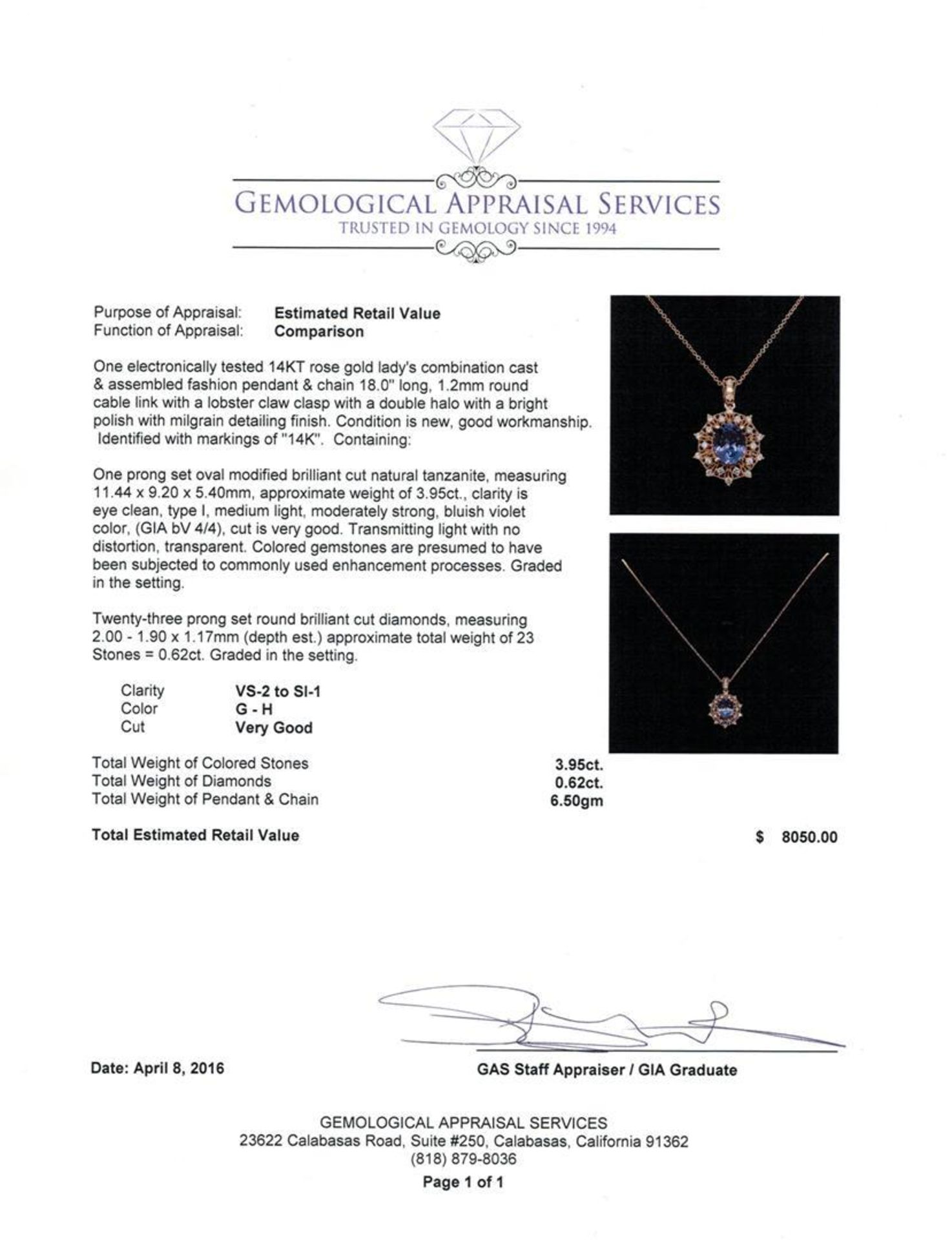 3.95 ctw Tanzanite and Diamond Pendant With Chain - 14KT Rose Gold - Image 3 of 3