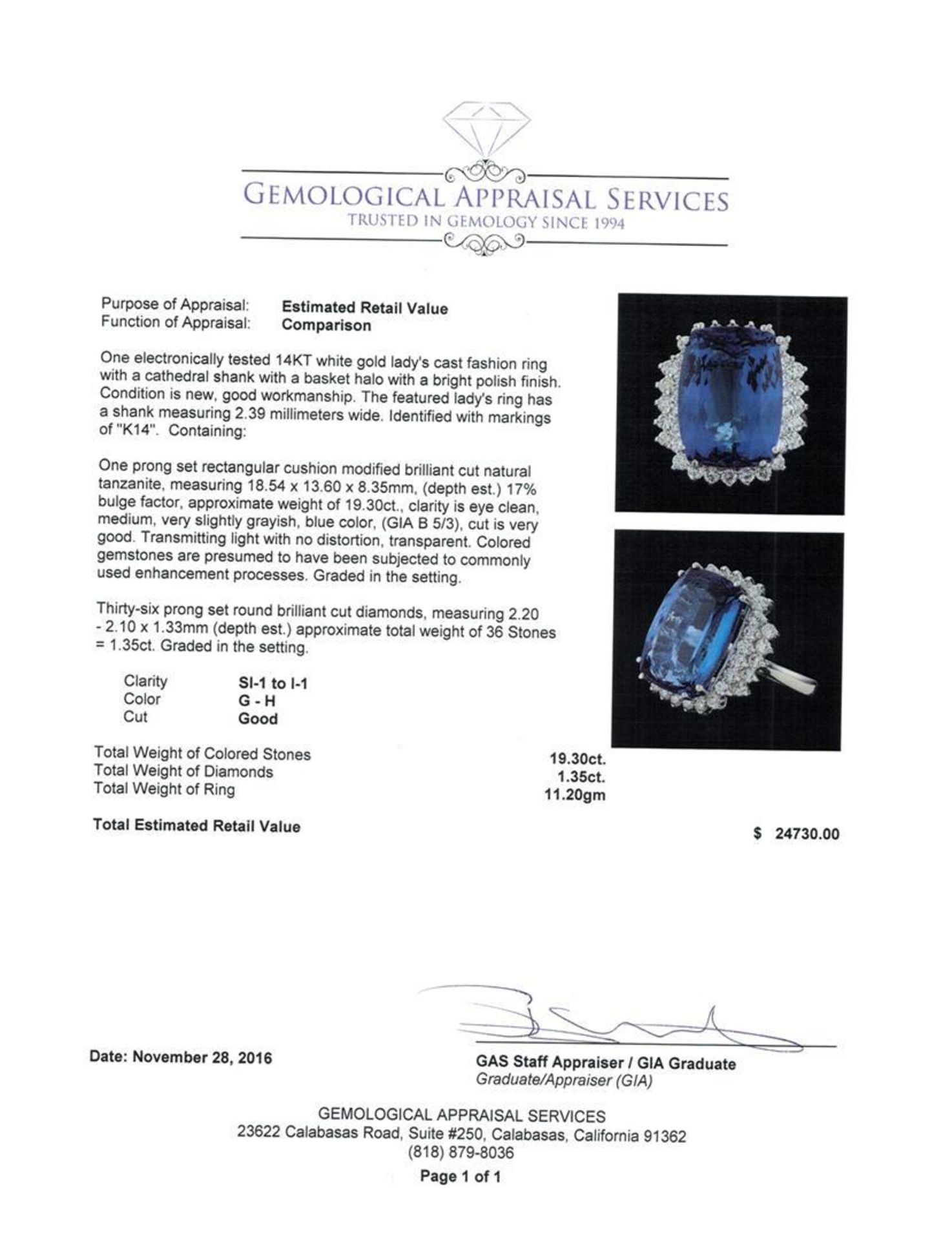 19.30 ctw Tanzanite and Diamond Ring - 14KT White Gold - Image 5 of 5