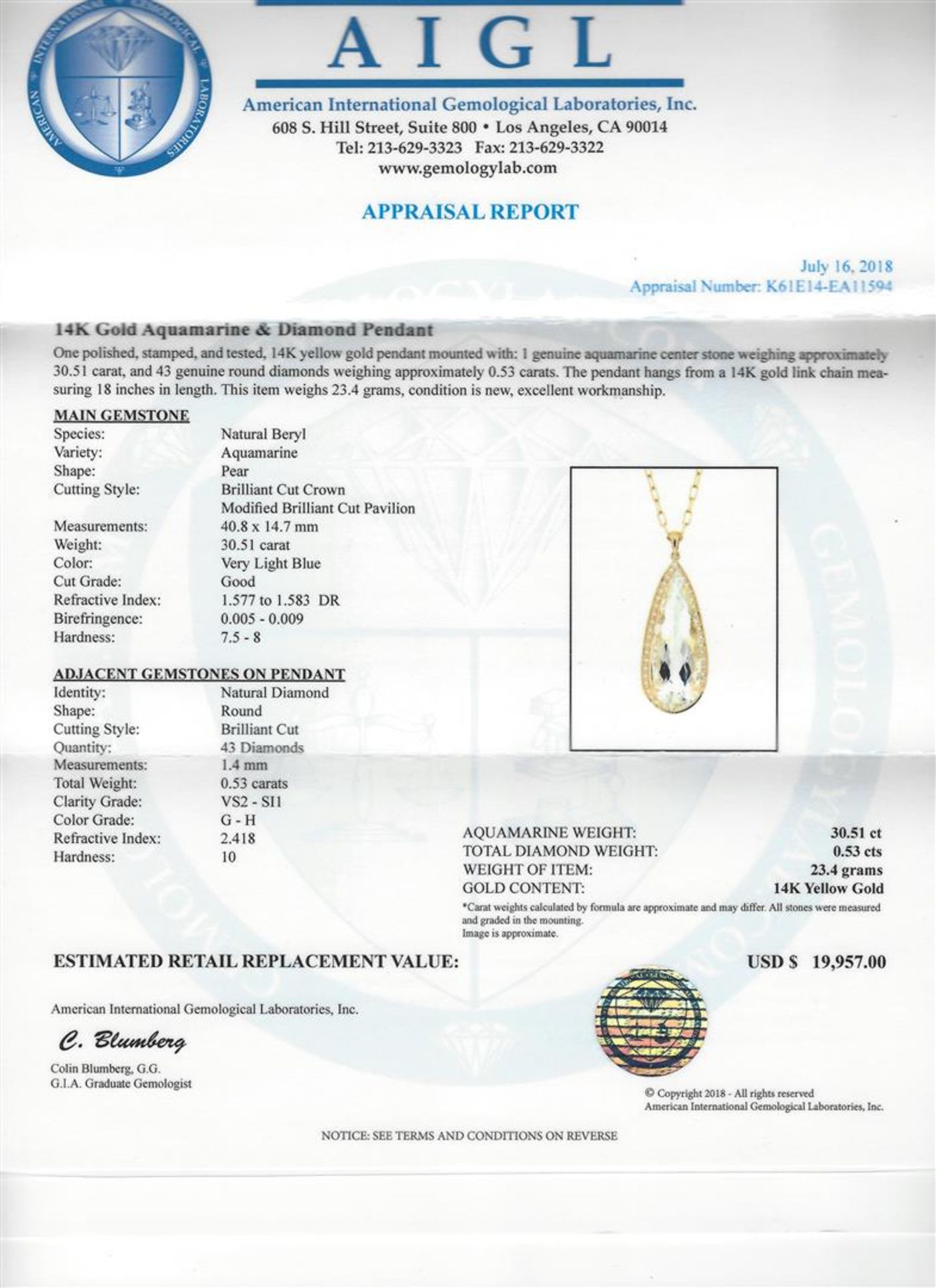 30.51 ctw Aquamarine and Diamond Pendant With Chain - 14KT Yellow Gold - Image 3 of 3