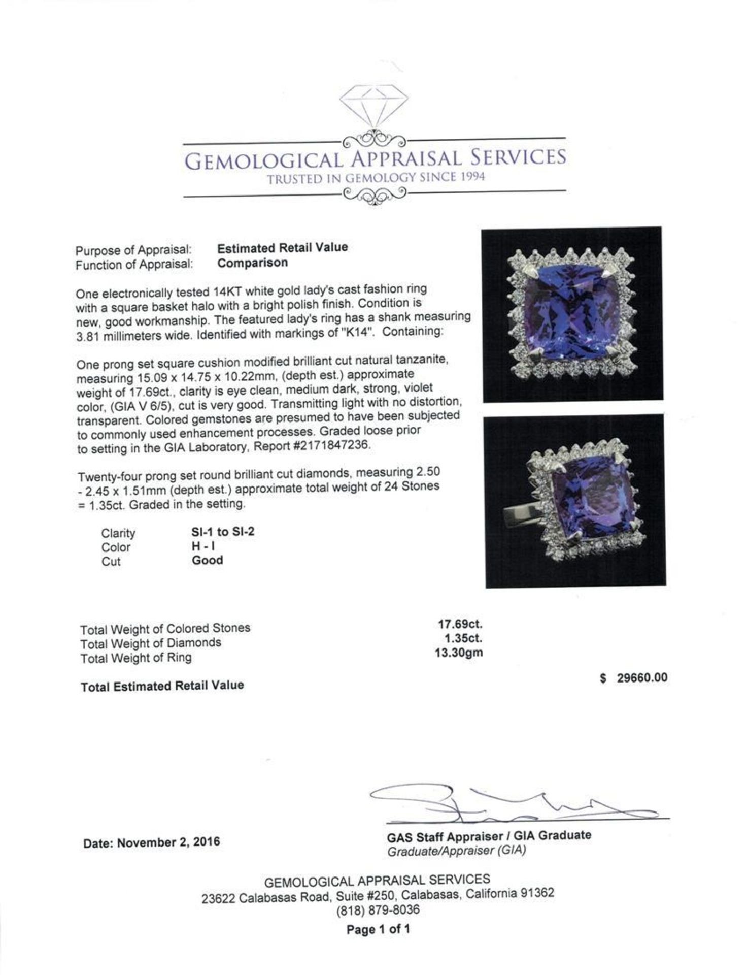 GIA Cert 17.69 ctw Tanzanite and Diamond Ring - 14KT White Gold - Image 5 of 6