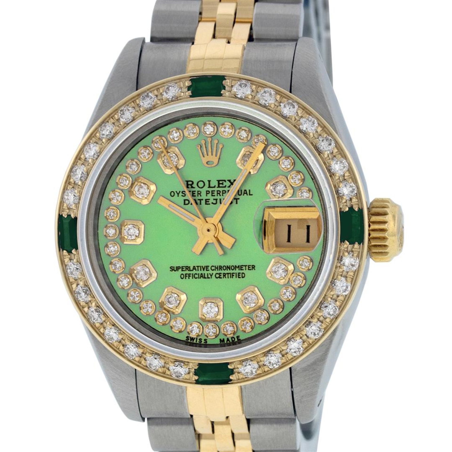 Rolex Ladies 2 Tone 18K Gold Bezel Green String Diamond & Emerald Datejust Wrisw - Image 2 of 9