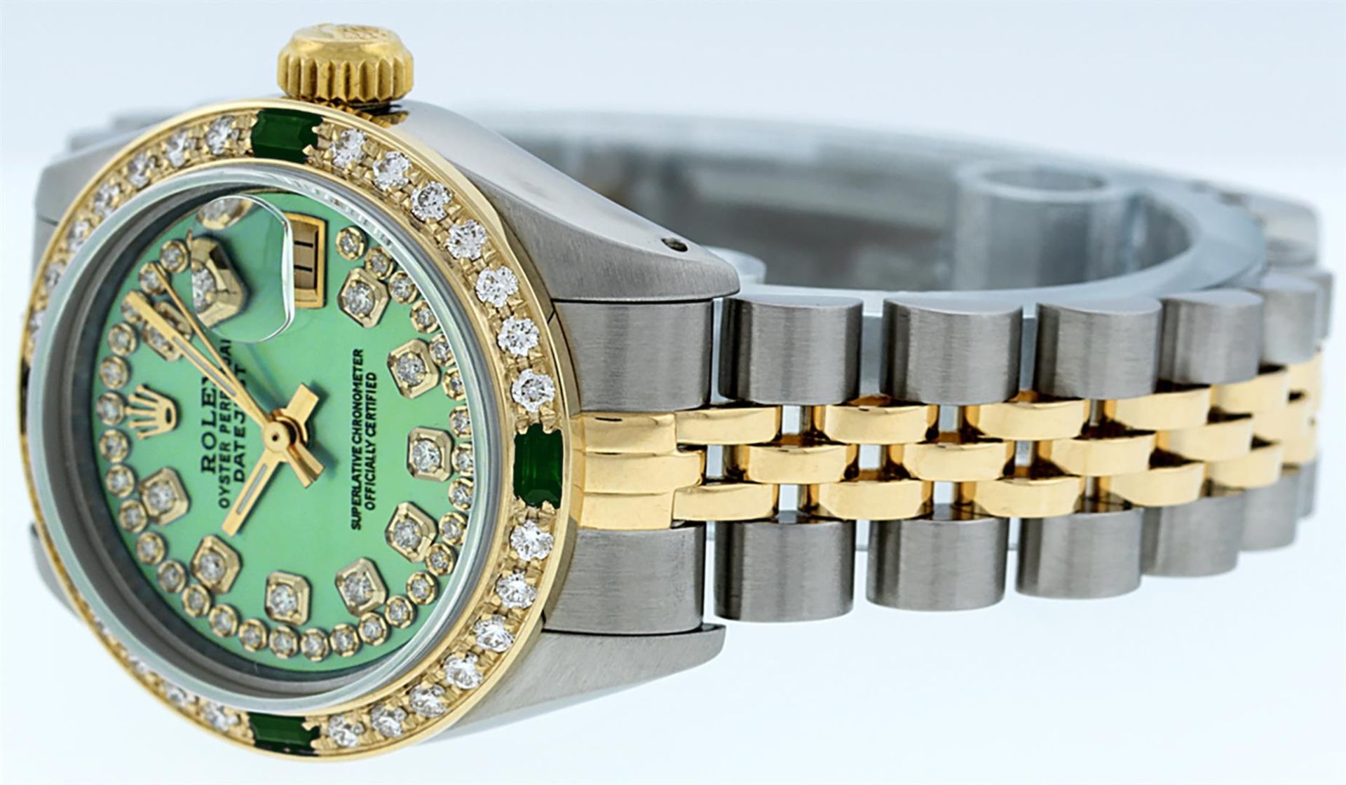 Rolex Ladies 2 Tone 18K Gold Bezel Green String Diamond & Emerald Datejust Wrisw - Image 9 of 9