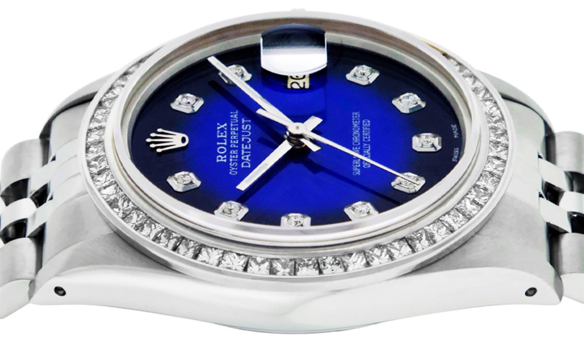 Rolex Mens Stainless Steel Blue Vignette Princess Cut Diamond Datejust Wristwatc - Image 9 of 9