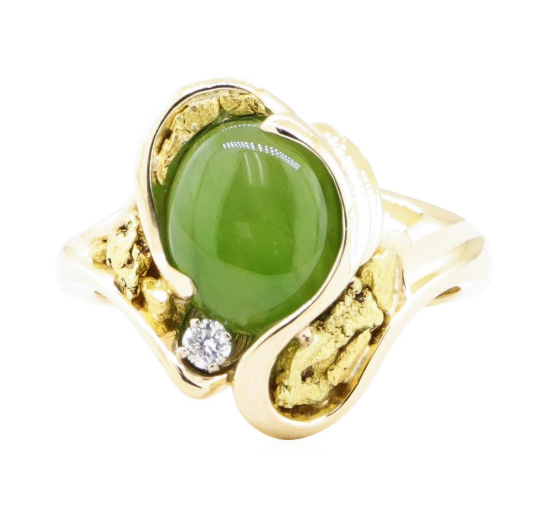 0.05 ctw Diamond and Jade Ring - 14-24KT Yellow Gold - Image 2 of 4