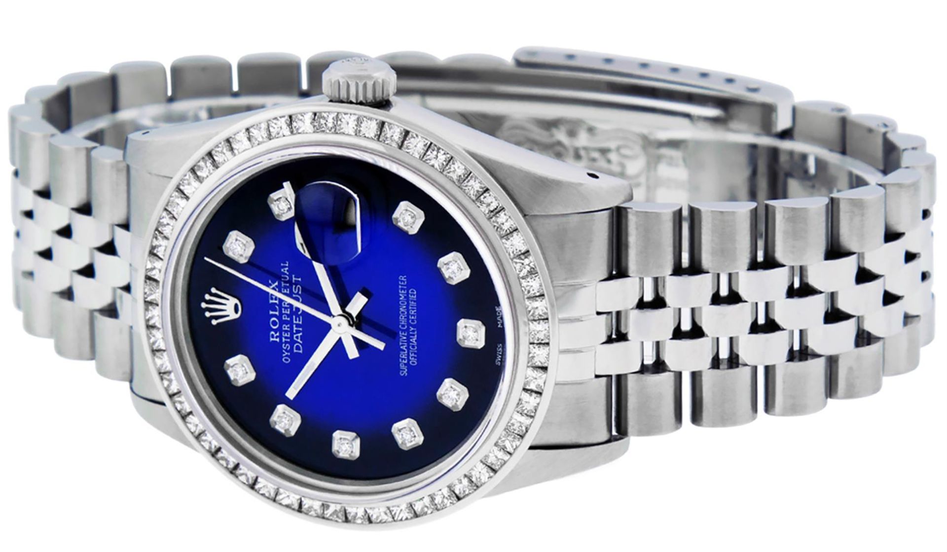 Rolex Mens Stainless Steel Blue Vignette Princess Cut Diamond Datejust Wristwatc - Image 7 of 9