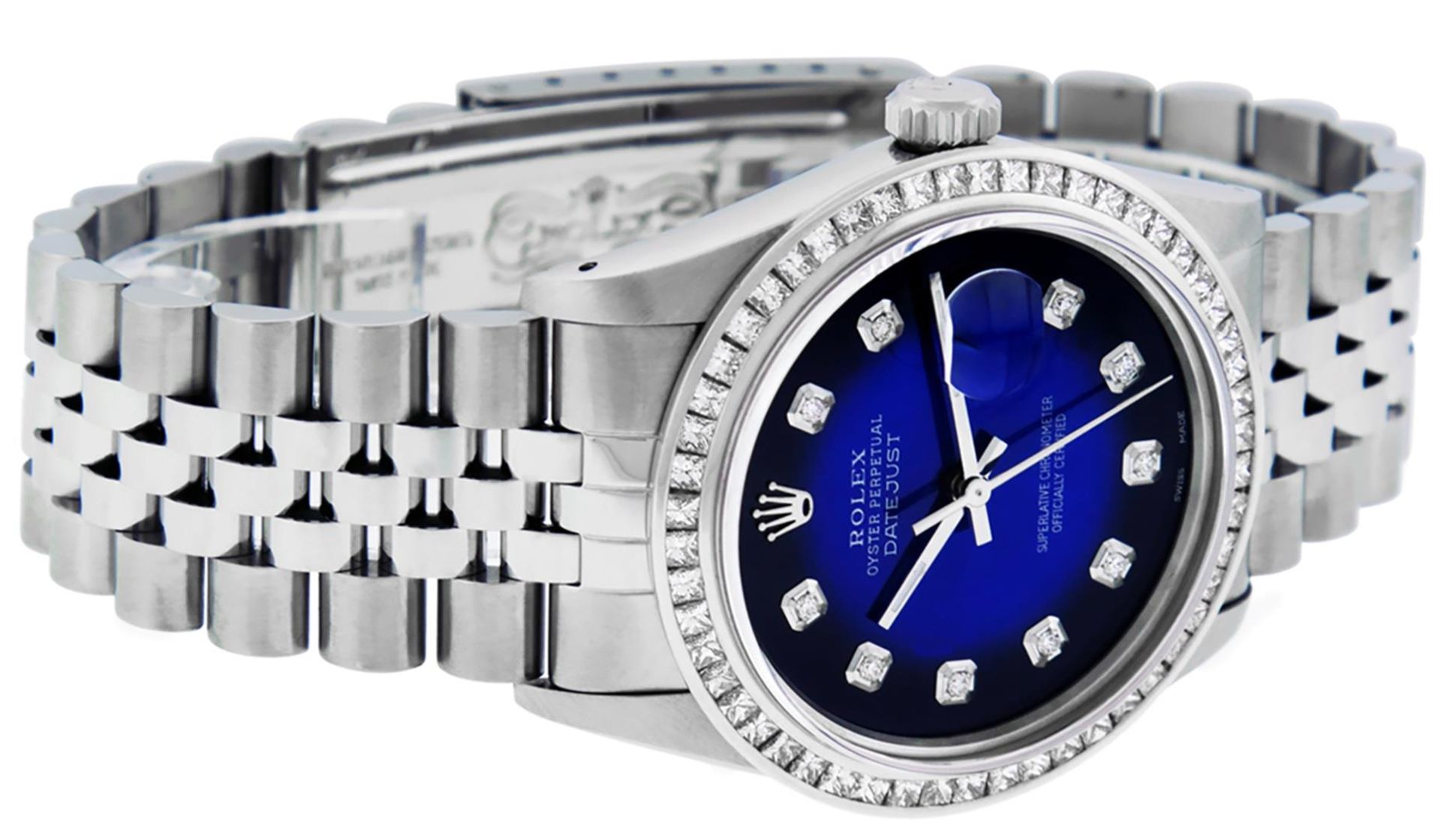 Rolex Mens Stainless Steel Blue Vignette Princess Cut Diamond Datejust Wristwatc - Image 4 of 9