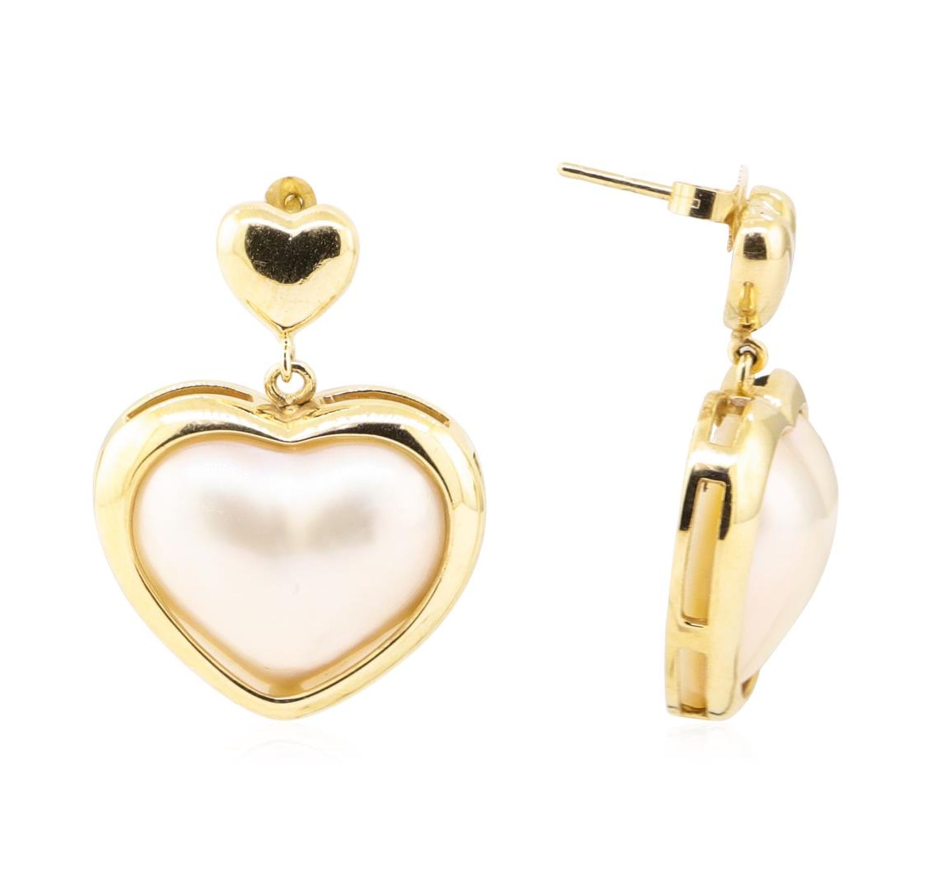 Heart Shaped Mother of Pearl Dangle Earrings - 14KT Yellow Gold - Image 2 of 2
