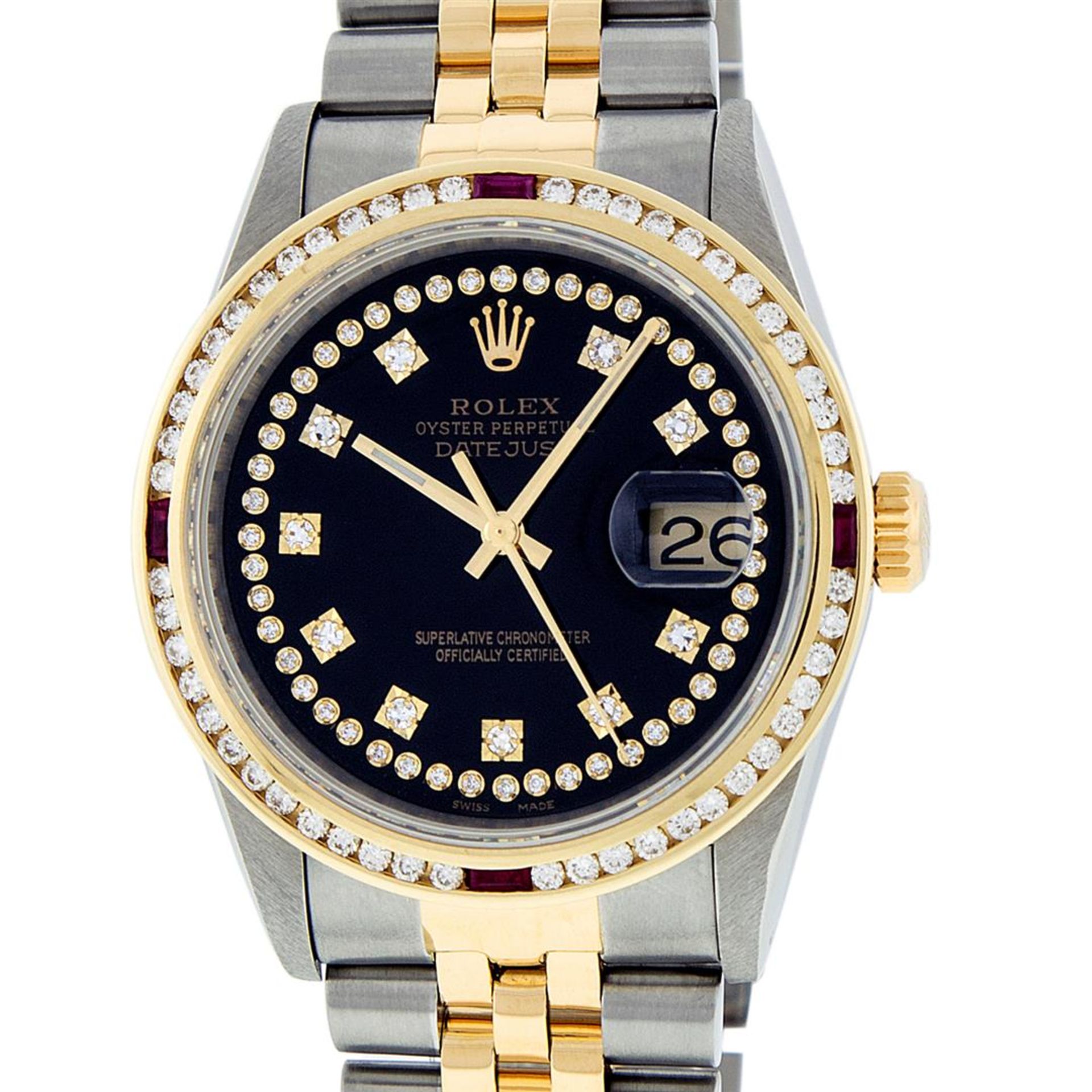 Rolex Mens 2 Tone Black String Diamond & Ruby 36MM Diamond Datejust Wristwatch - Image 2 of 9