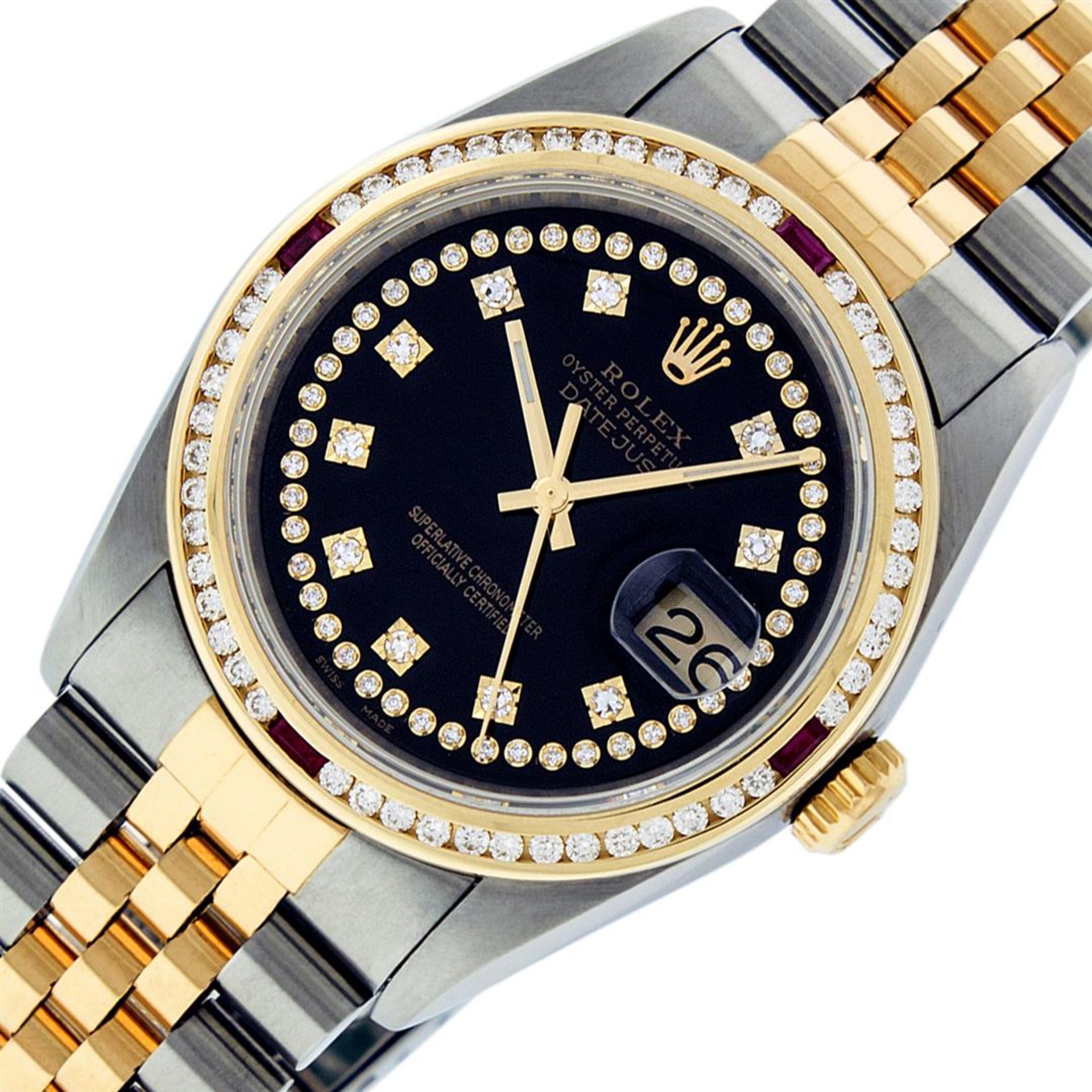 Rolex Mens 2 Tone Black String Diamond & Ruby 36MM Diamond Datejust Wristwatch - Image 3 of 9