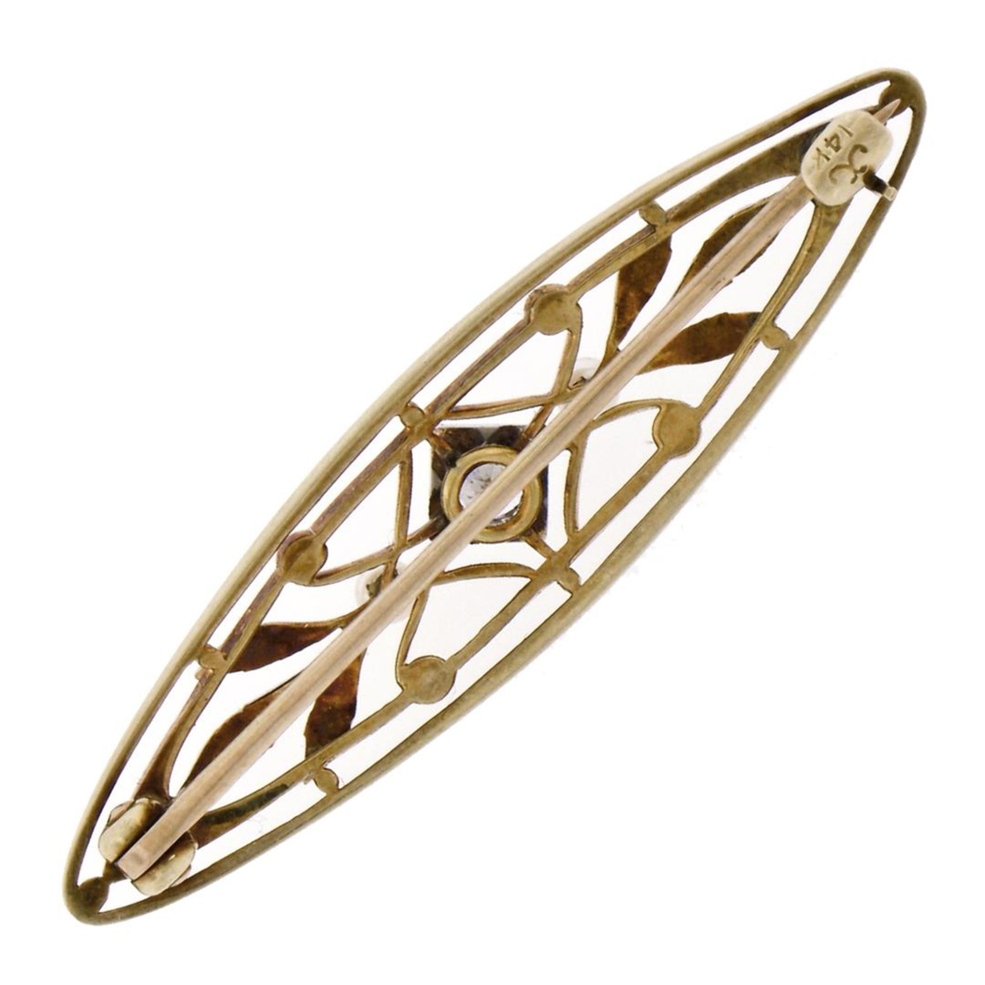 Antique Art Nouveau Krementz 14k Gold Diamond Pearl Open Etched Leaf Pin Brooch - Image 4 of 6