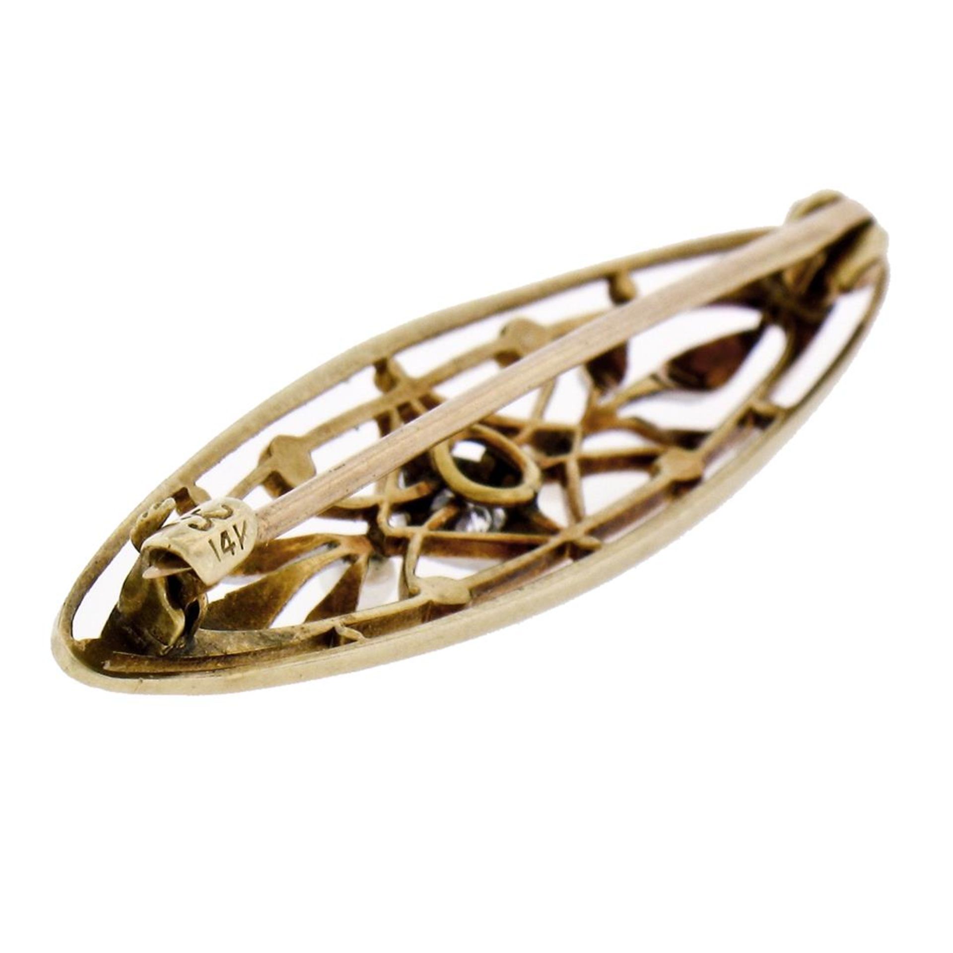 Antique Art Nouveau Krementz 14k Gold Diamond Pearl Open Etched Leaf Pin Brooch - Image 6 of 6