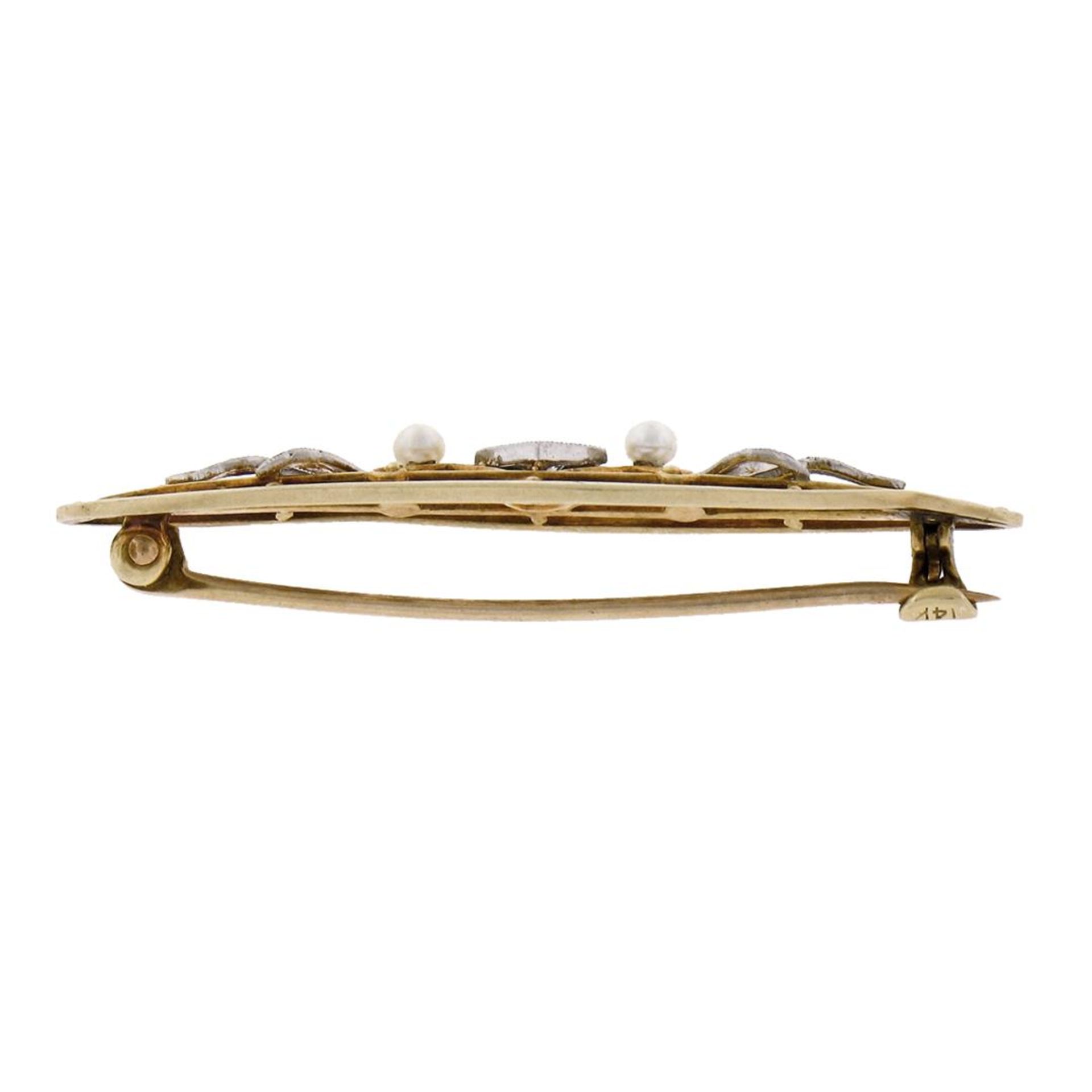Antique Art Nouveau Krementz 14k Gold Diamond Pearl Open Etched Leaf Pin Brooch - Image 3 of 6