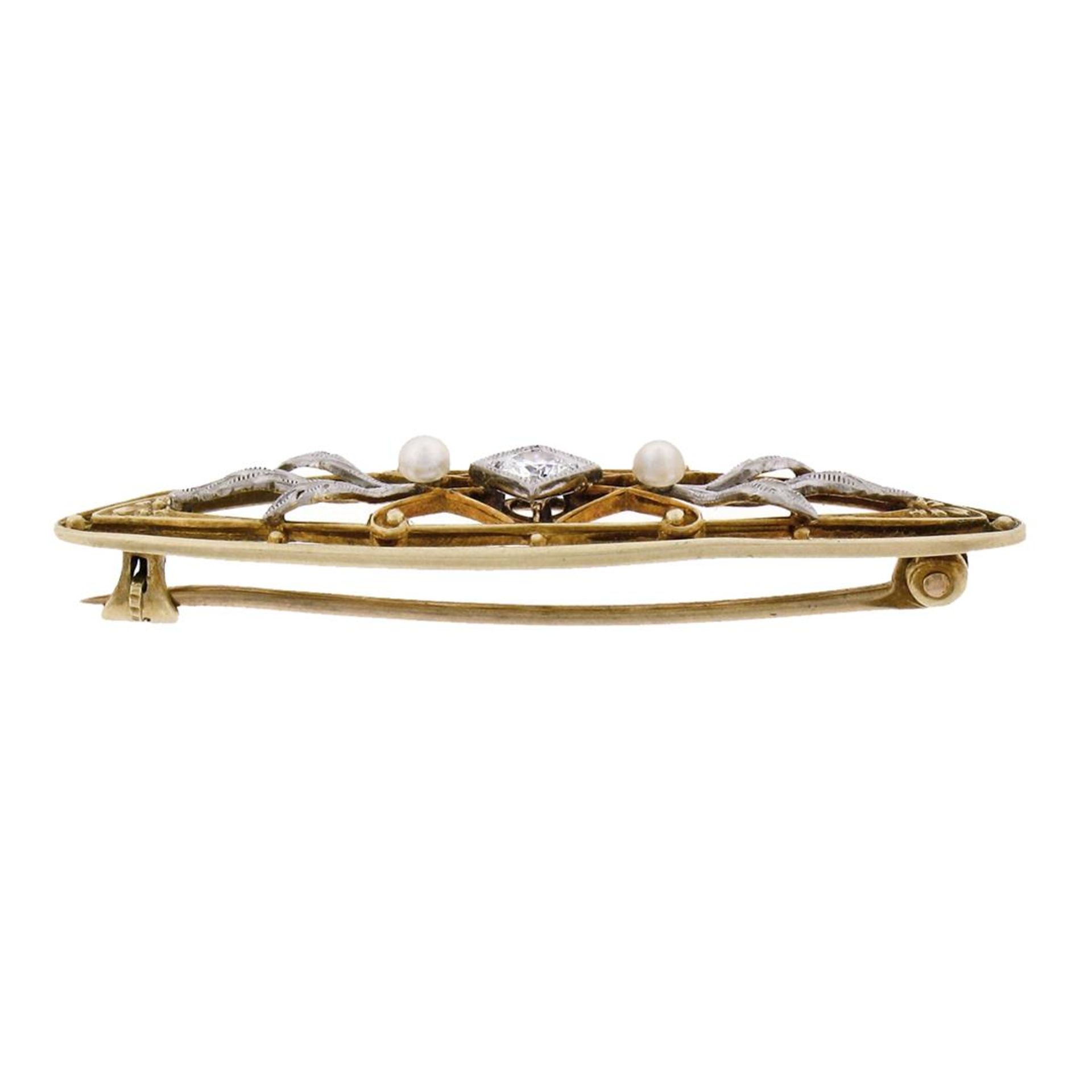 Antique Art Nouveau Krementz 14k Gold Diamond Pearl Open Etched Leaf Pin Brooch - Image 2 of 6