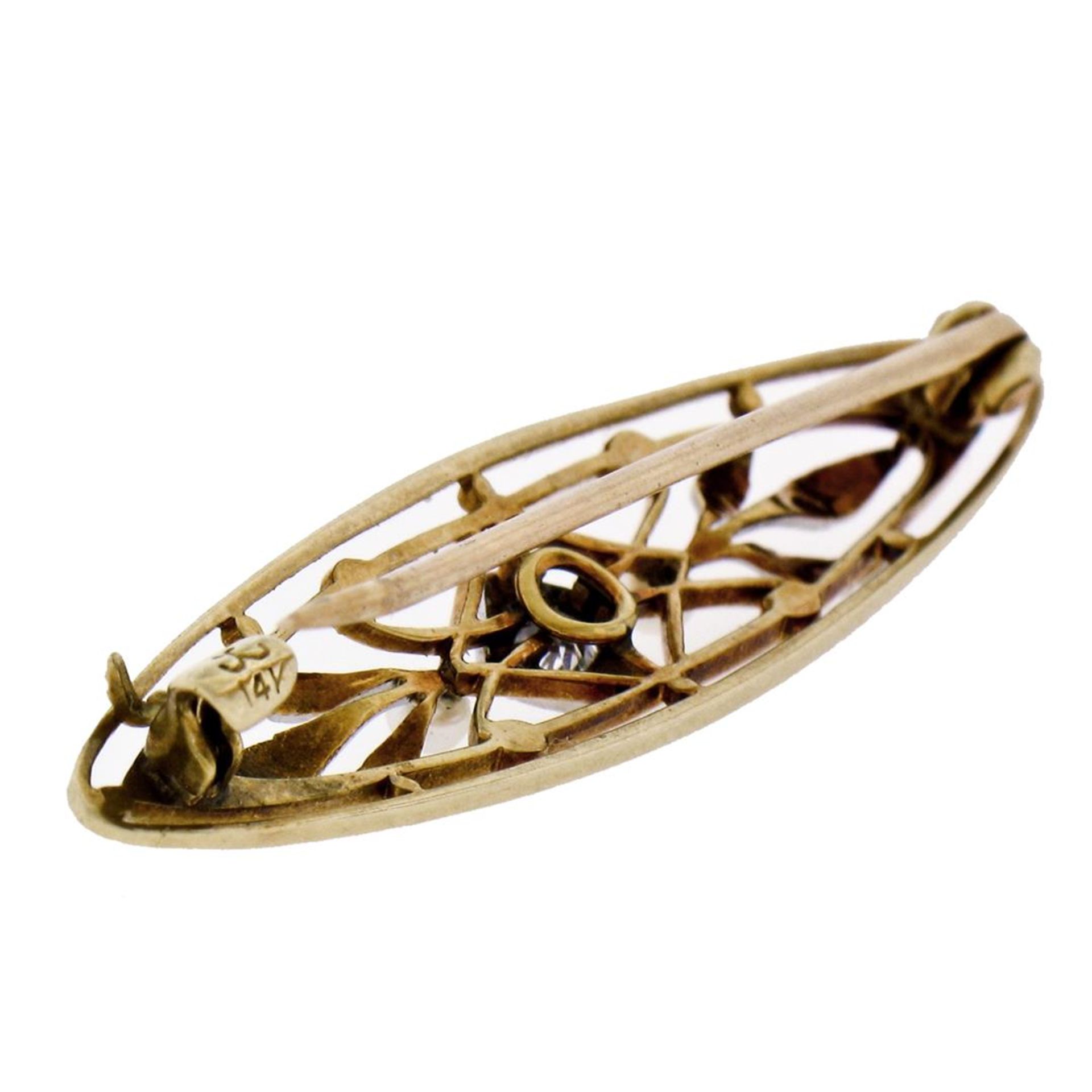 Antique Art Nouveau Krementz 14k Gold Diamond Pearl Open Etched Leaf Pin Brooch - Image 5 of 6