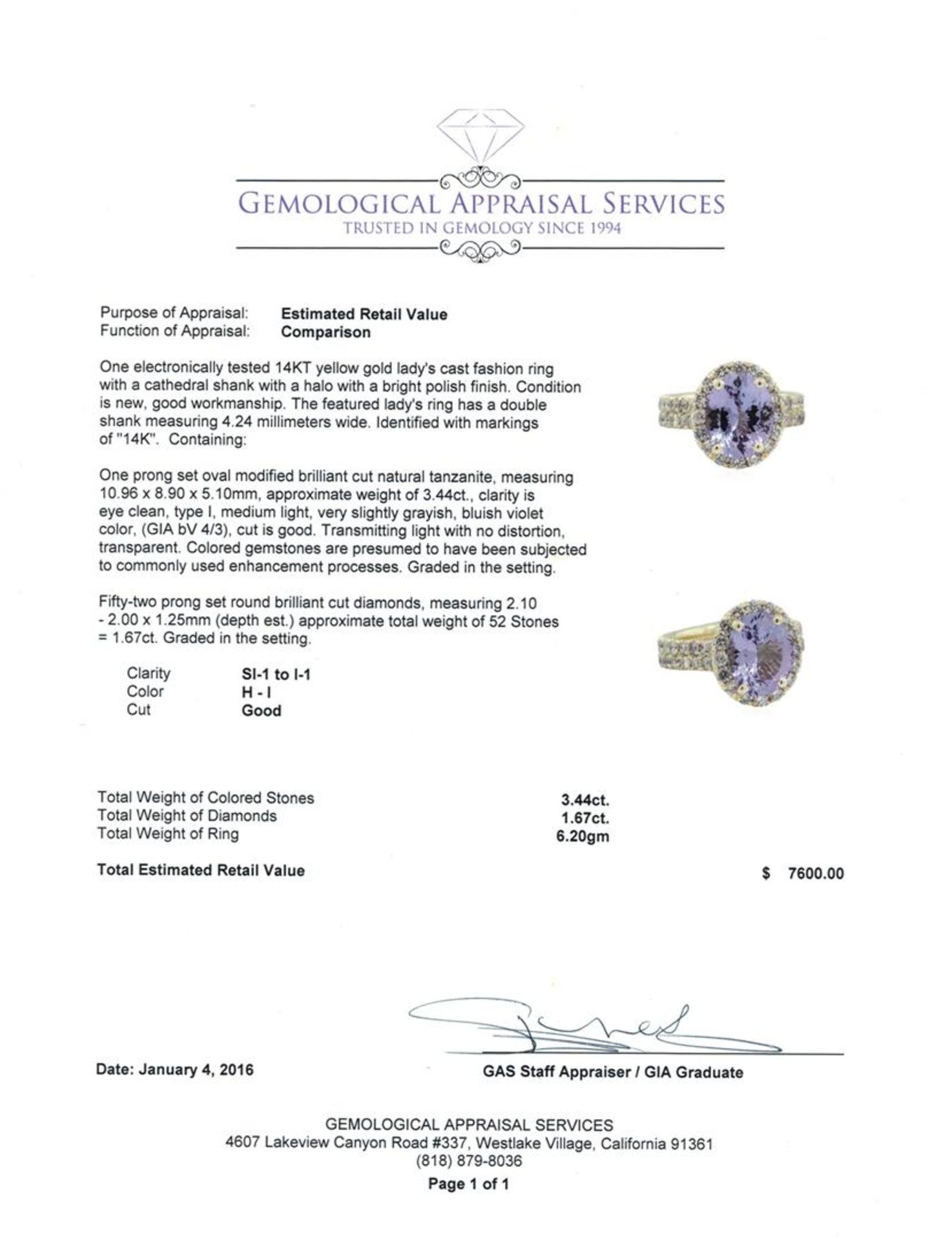 3.44 ctw Tanzanite and Diamond Ring - 14KT Yellow Gold - Image 3 of 3