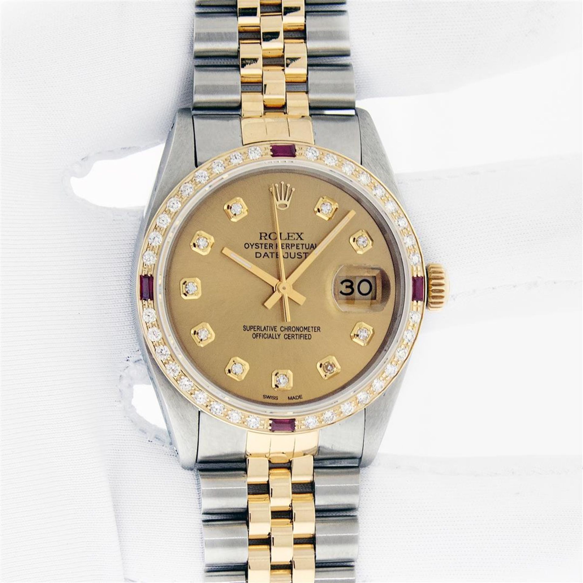 Rolex Mens 2 Tone Champagne Diamond & Ruby 36MM Datejust Wriswatch Oyster Perpet - Image 3 of 9