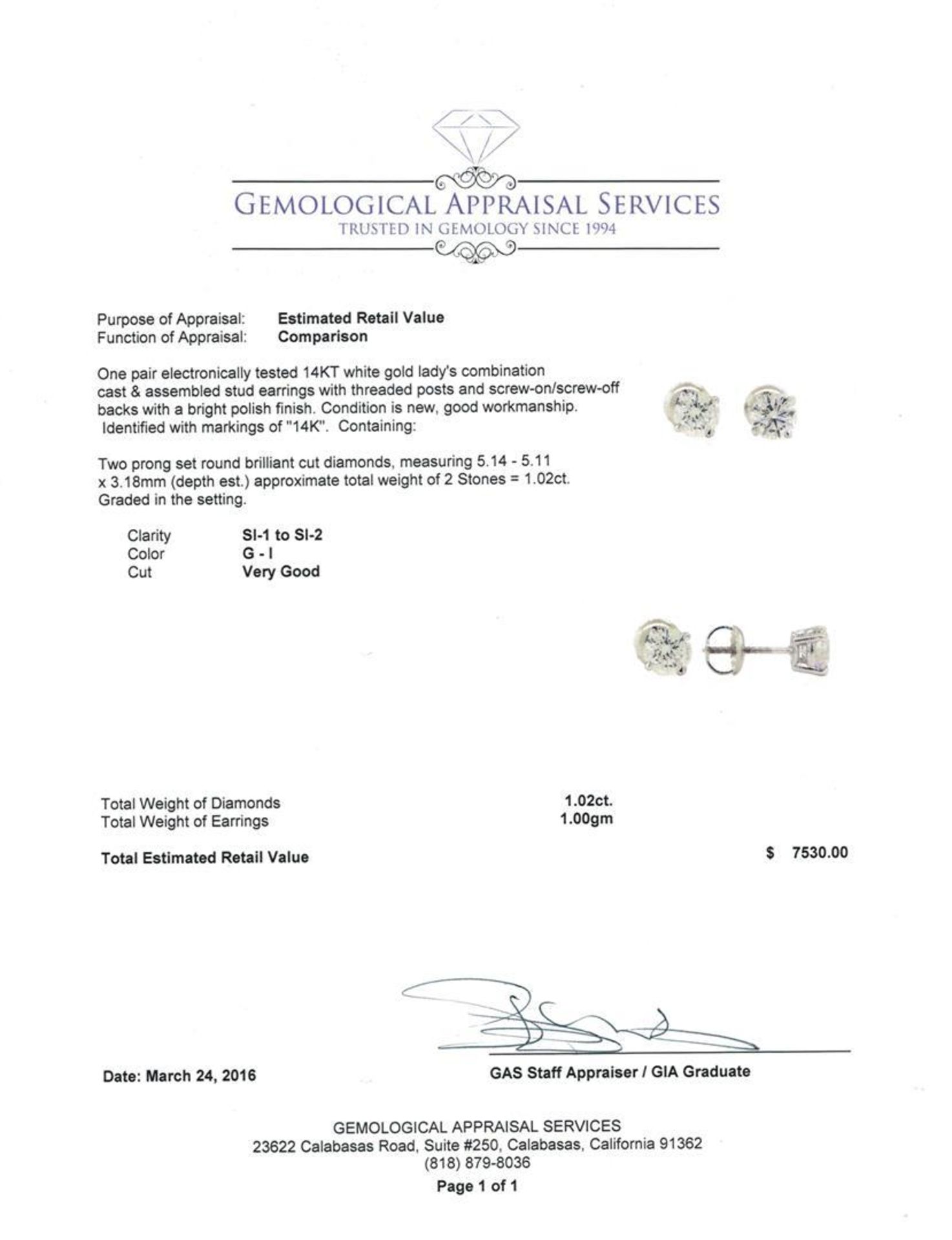 1.02 ctw Diamond Stud Earrings - 14KT White Gold - Image 3 of 3