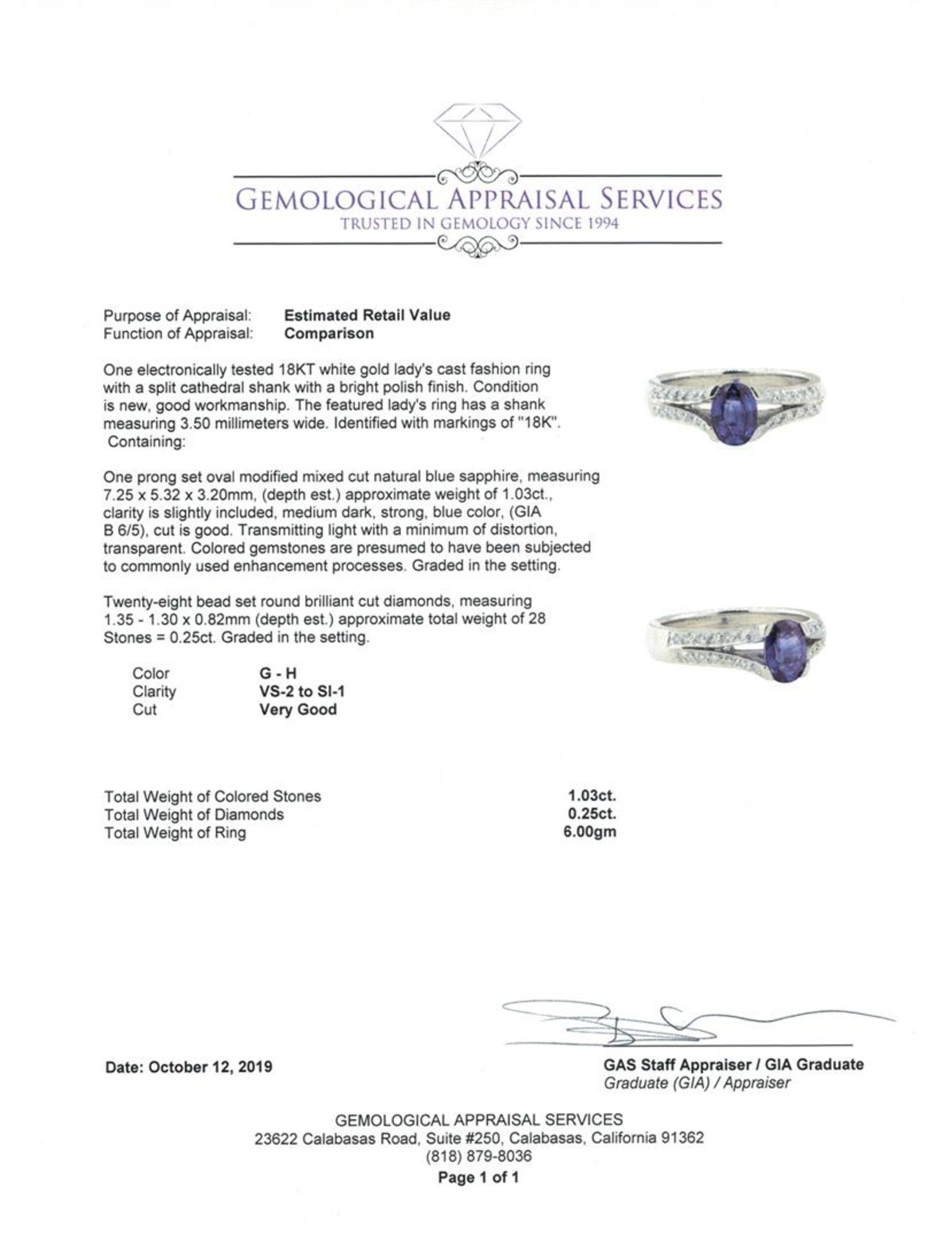 1.28 ctw Sapphire And Diamond Ring - 18KT White Gold - Image 5 of 5