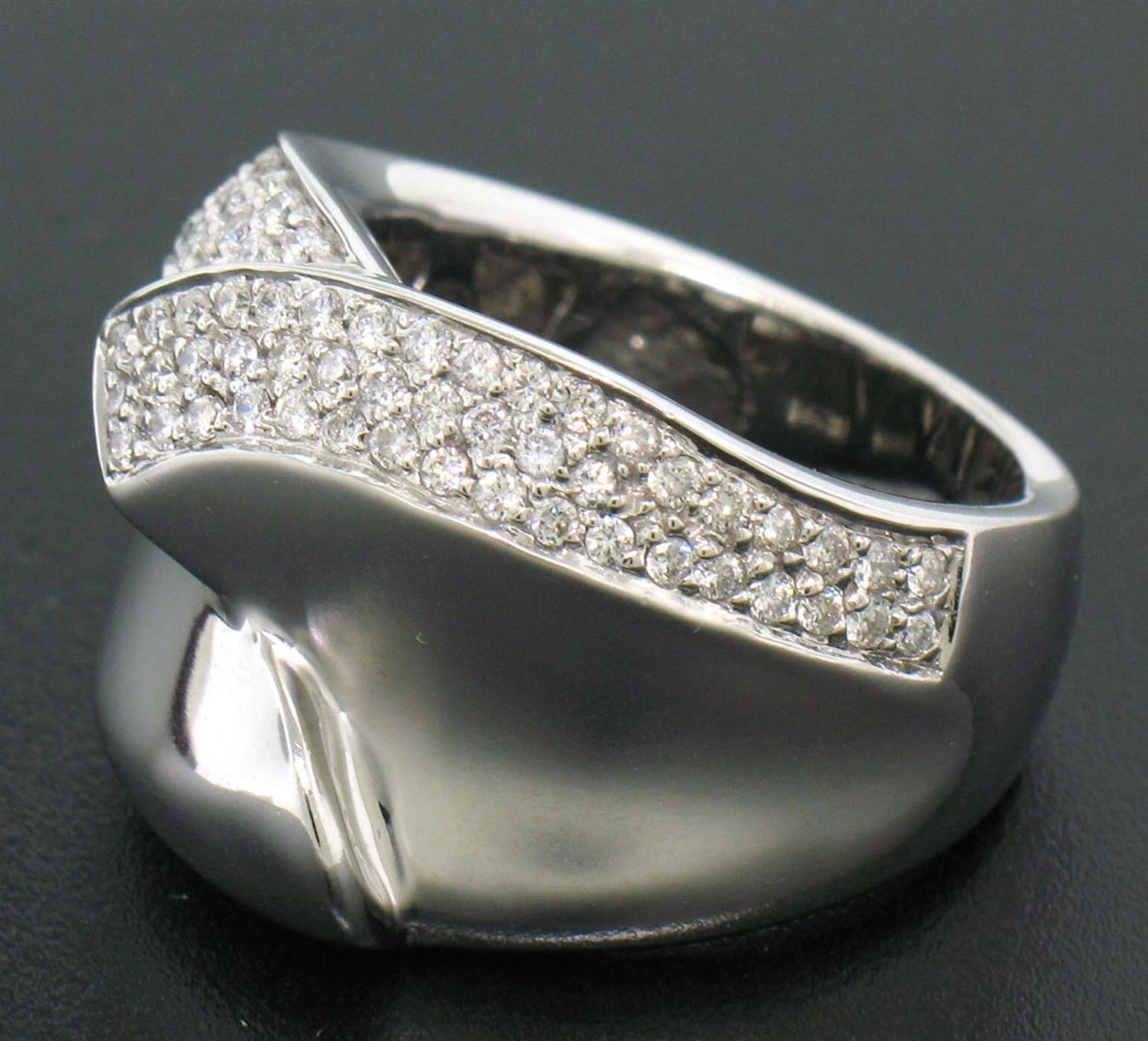14k White Gold Dual Finish 1 ctw Pave Diamond Bold Swirled Dinner Ring Band - Image 3 of 7