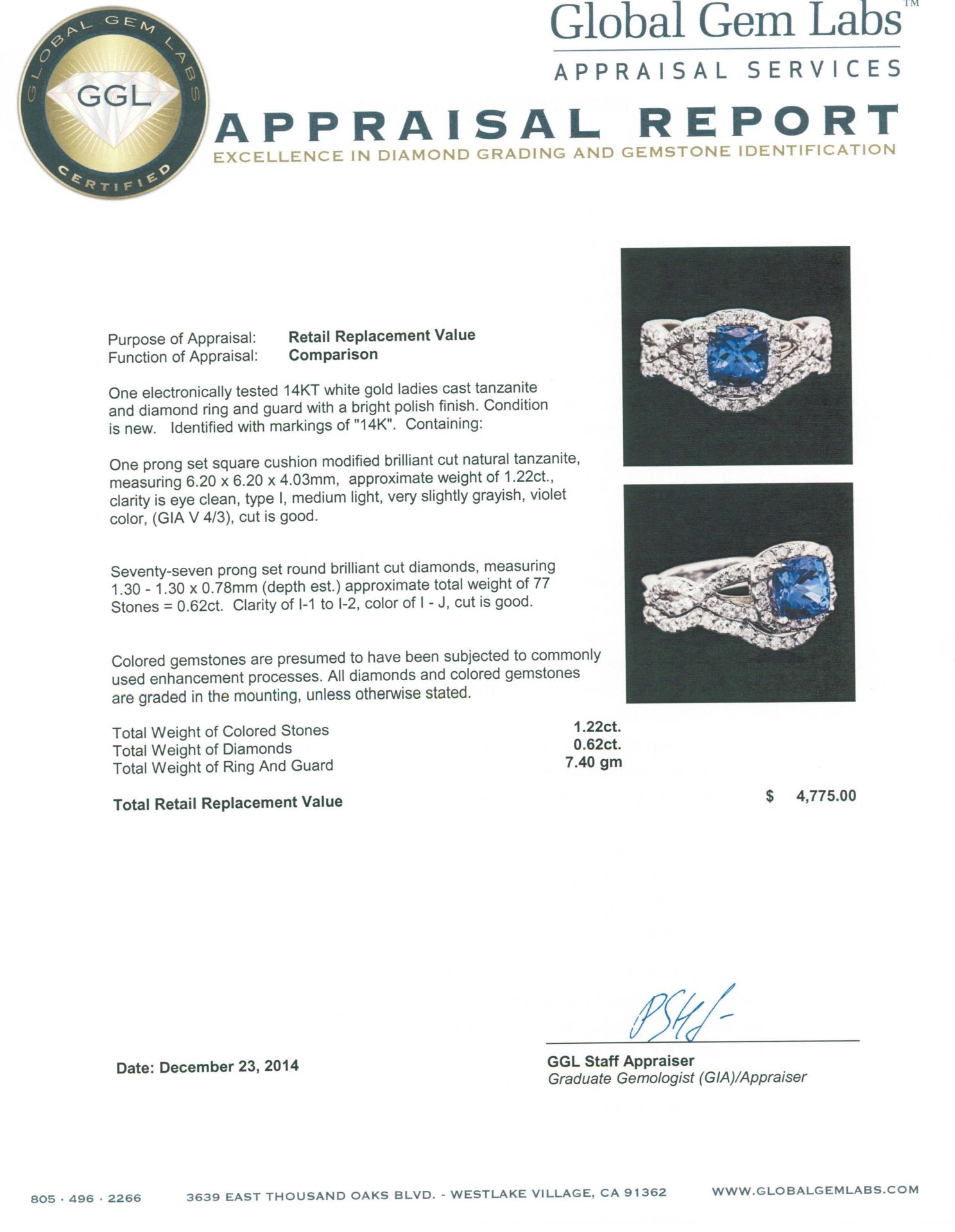 14KT White Gold 1.22 ctw Tanzanite and Diamond Ring and Guard - Image 4 of 4