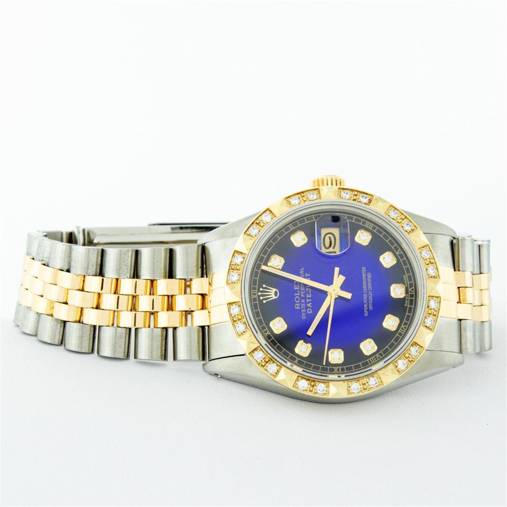 Rolex 2T Blue Vignette Pyramid Diamond Oyster Perpetual Datejust 36MM - Image 4 of 9