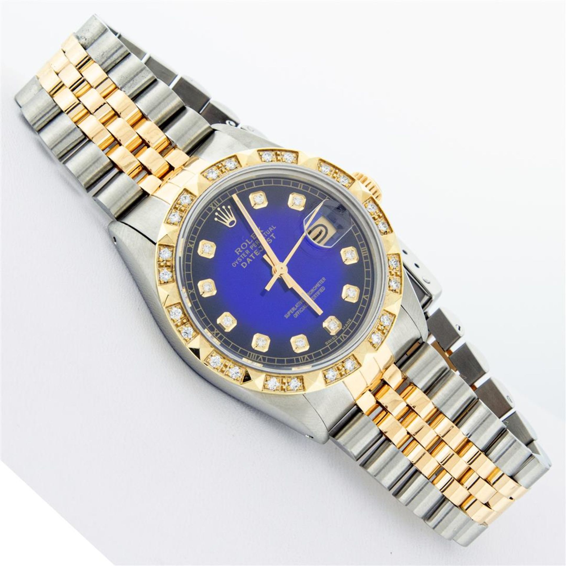 Rolex 2T Blue Vignette Pyramid Diamond Oyster Perpetual Datejust 36MM - Image 3 of 9