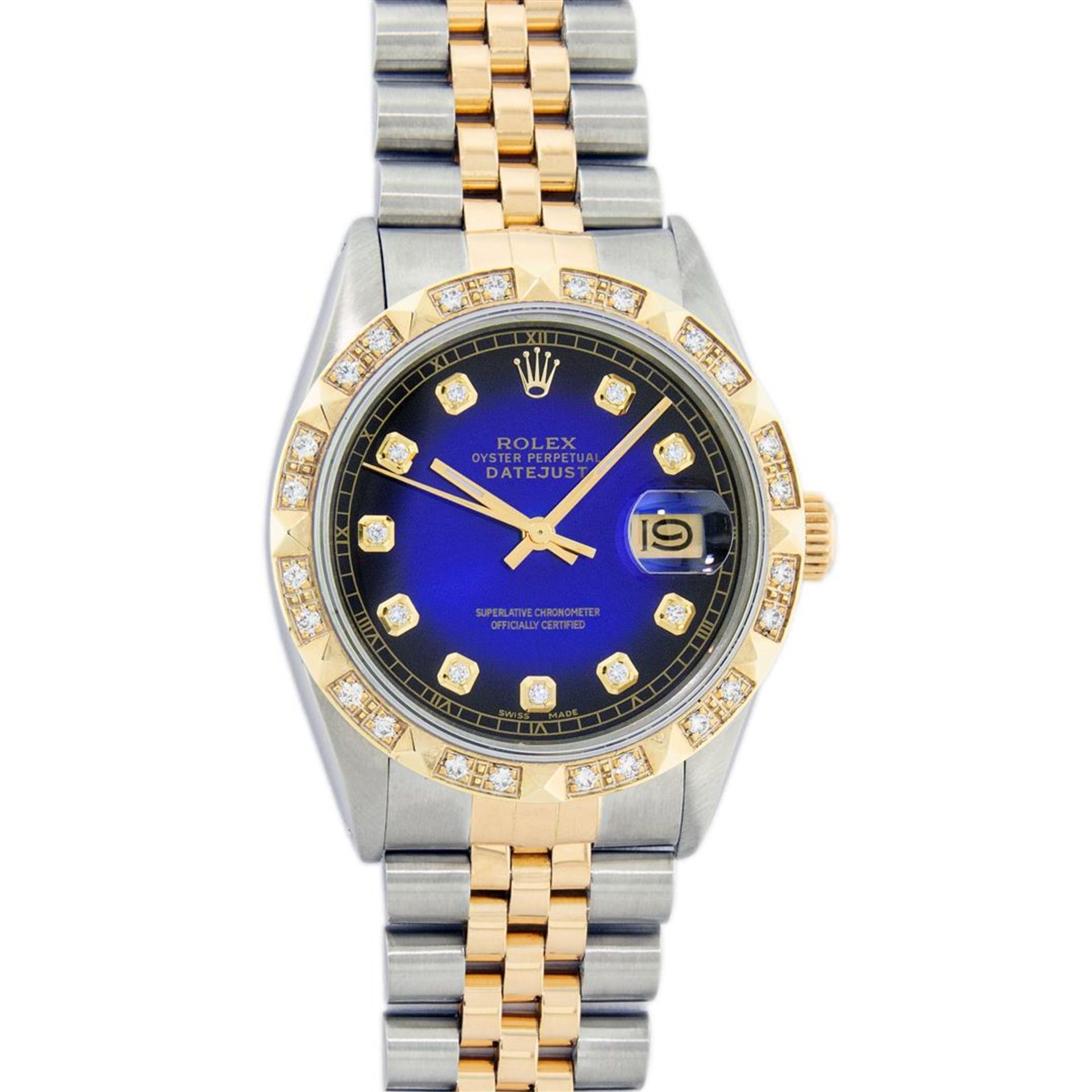 Rolex 2T Blue Vignette Pyramid Diamond Oyster Perpetual Datejust 36MM - Image 2 of 9