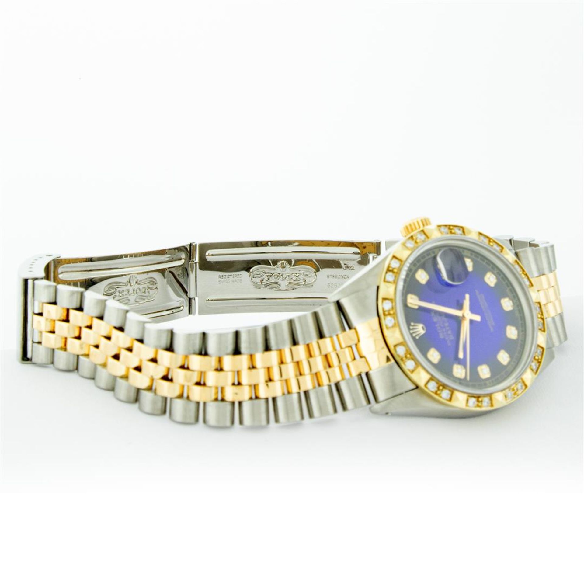 Rolex 2T Blue Vignette Pyramid Diamond Oyster Perpetual Datejust 36MM - Image 7 of 9