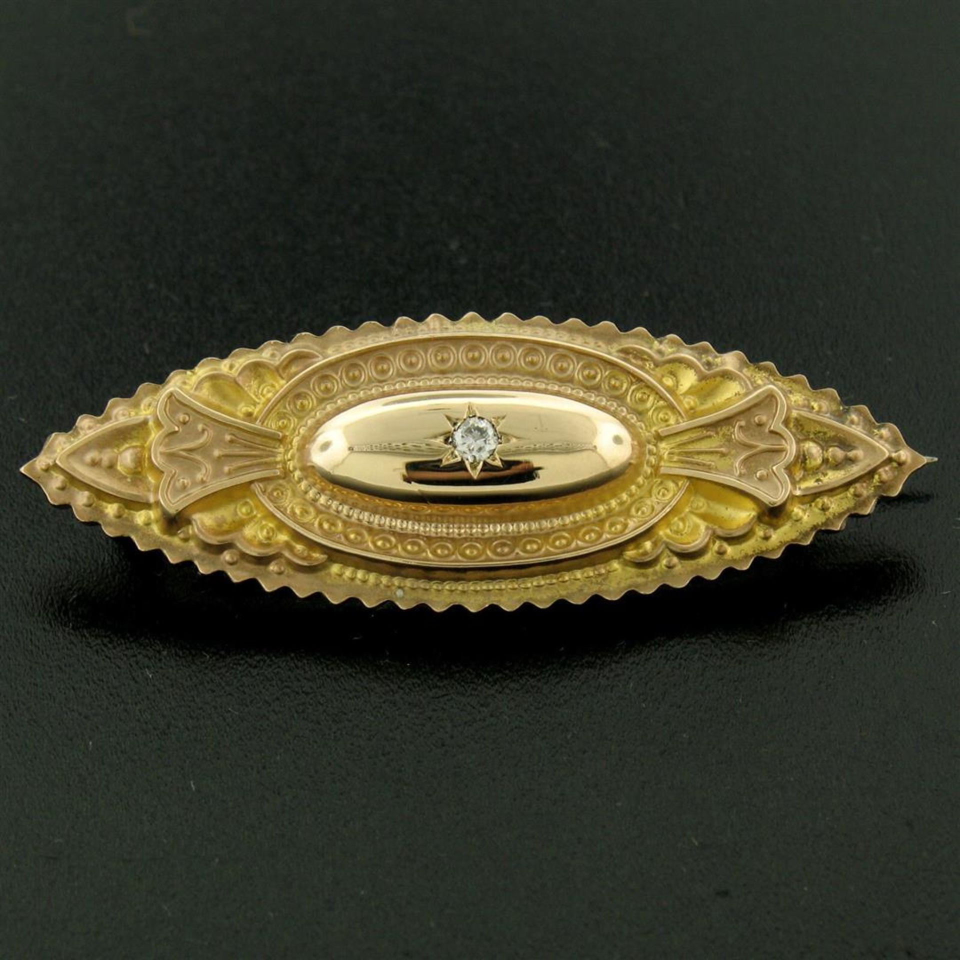 9k Yellow Gold .10 ctw Diamond Marquise Shaped Etched Brooch Pin - Image 2 of 9