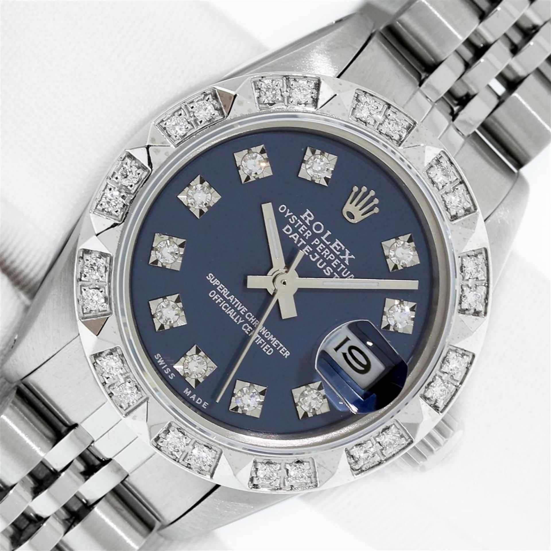 Rolex Ladies Stainless Blue Diamond Pyramid Diamond Datejust Wristwatch With Rol
