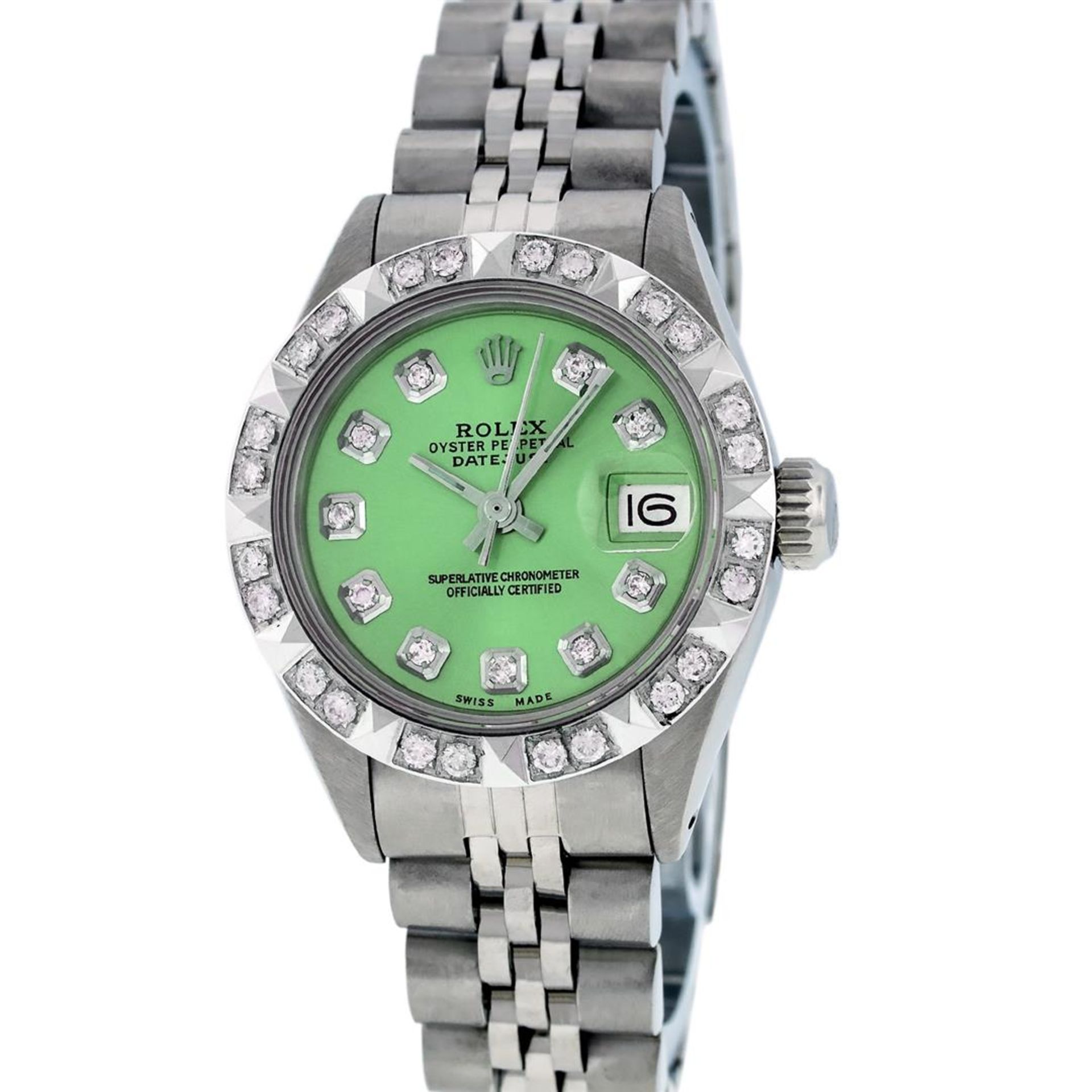 Rolex Ladies 26 Stainless Steel Green Pyramid Diamond Datejust Wristwatch Servic - Image 2 of 9