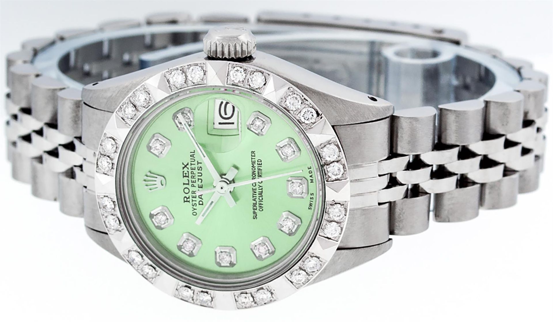 Rolex Ladies 26 Stainless Steel Green Pyramid Diamond Datejust Wristwatch Servic - Image 8 of 9