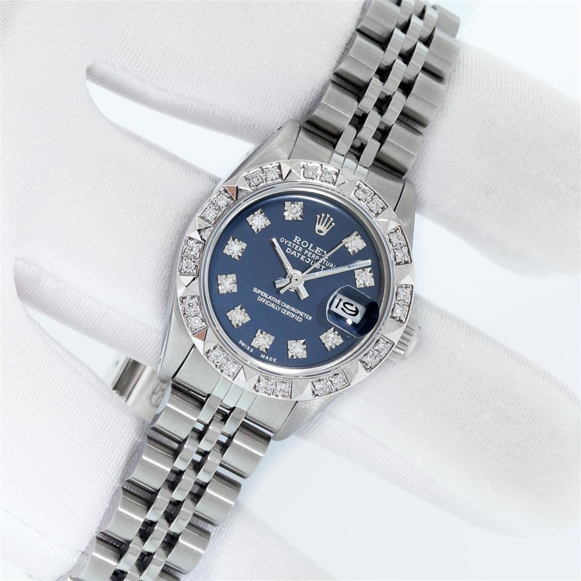 Rolex Ladies Stainless Blue Diamond Pyramid Diamond Datejust Wristwatch With Rol - Image 3 of 9