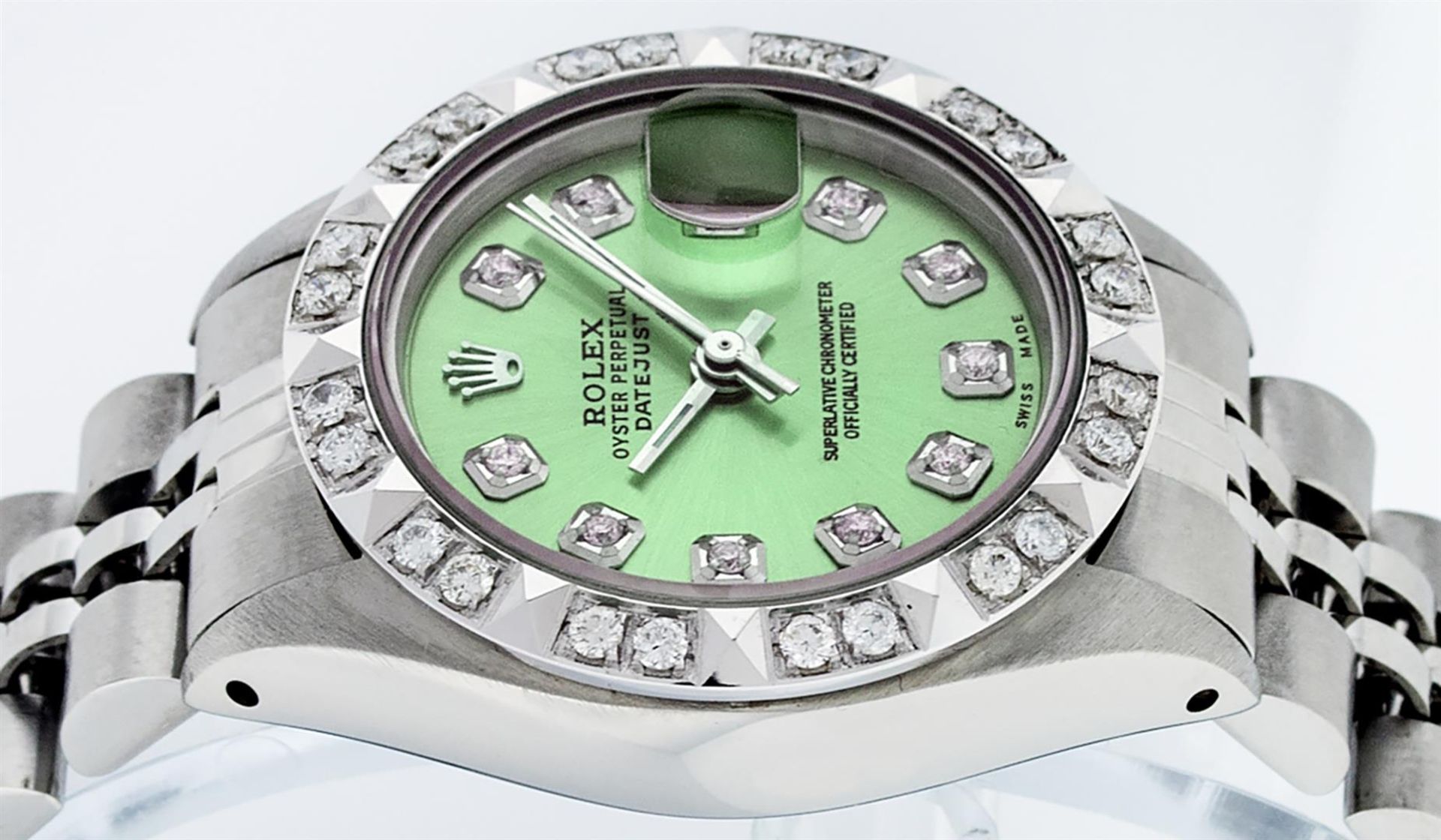 Rolex Ladies 26 Stainless Steel Green Pyramid Diamond Datejust Wristwatch Servic - Image 9 of 9