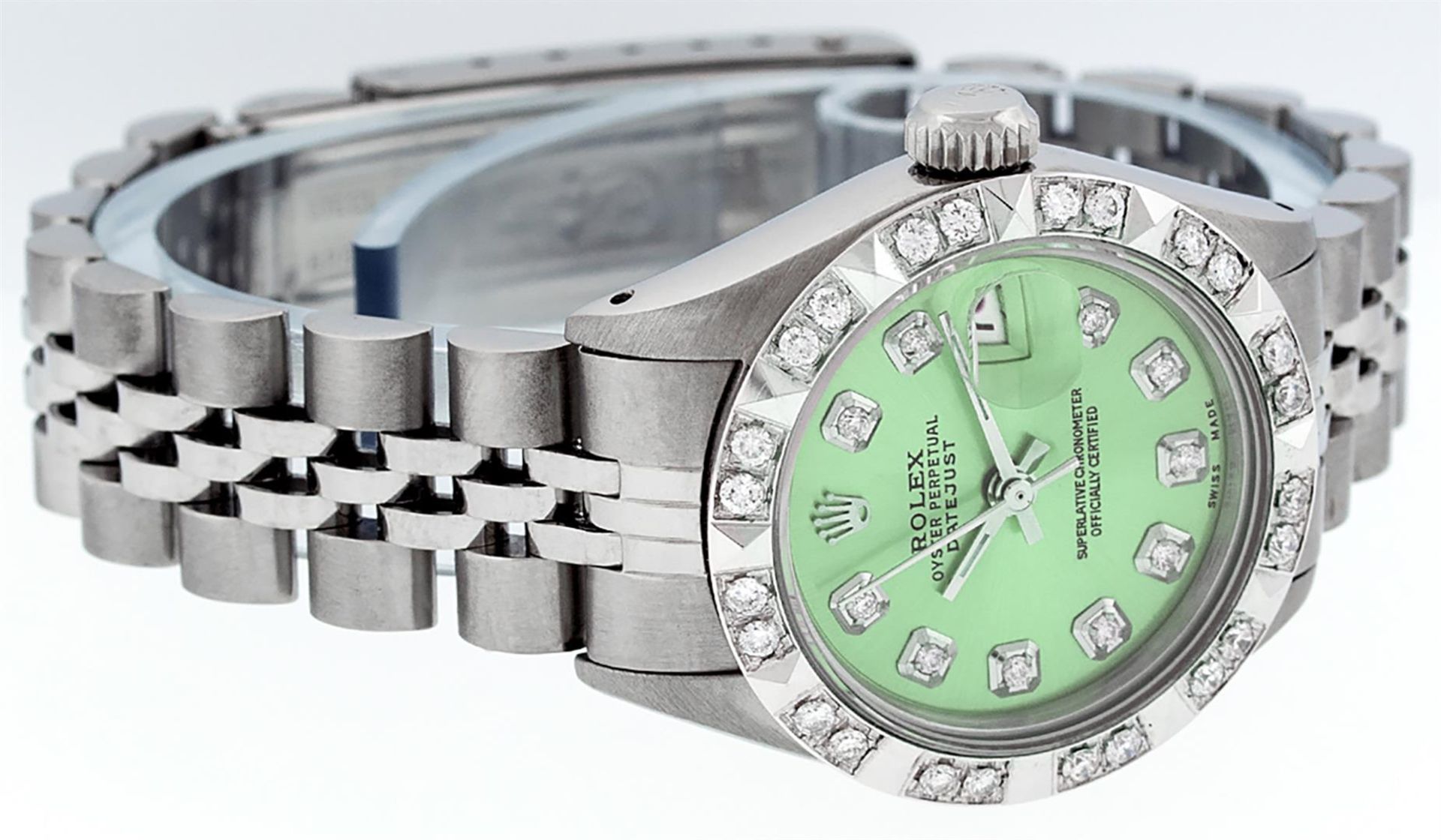 Rolex Ladies 26 Stainless Steel Green Pyramid Diamond Datejust Wristwatch Servic - Image 3 of 9