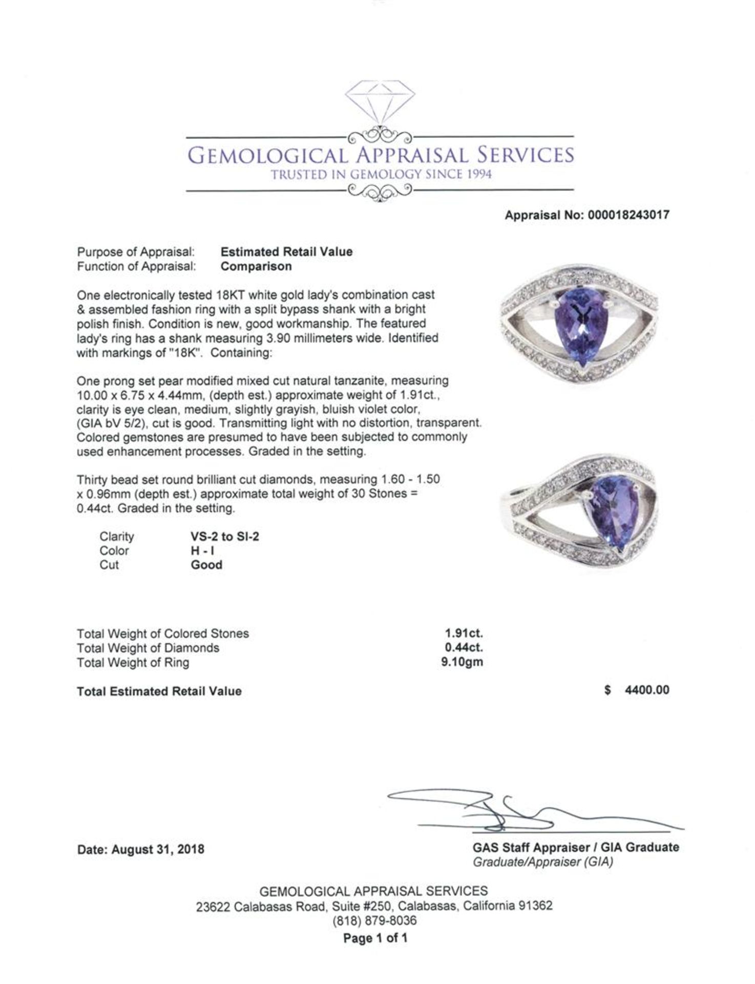 2.35 ctw Pear Mixed Tanzanite And Round Brilliant Cut Diamond Ring - 18KT White - Image 5 of 5