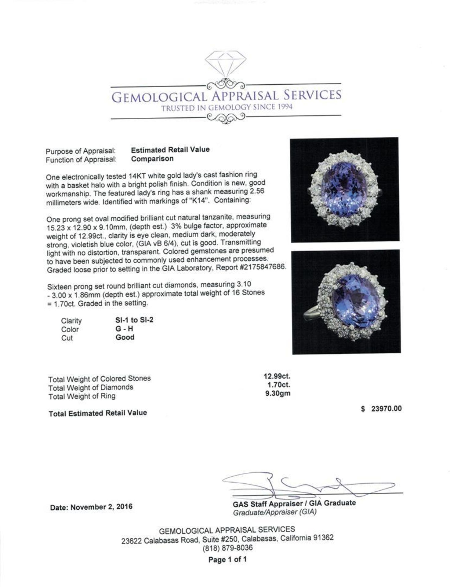 GIA Cert 12.99 ctw Tanzanite and Diamond Ring - 14KT White Gold - Image 5 of 6