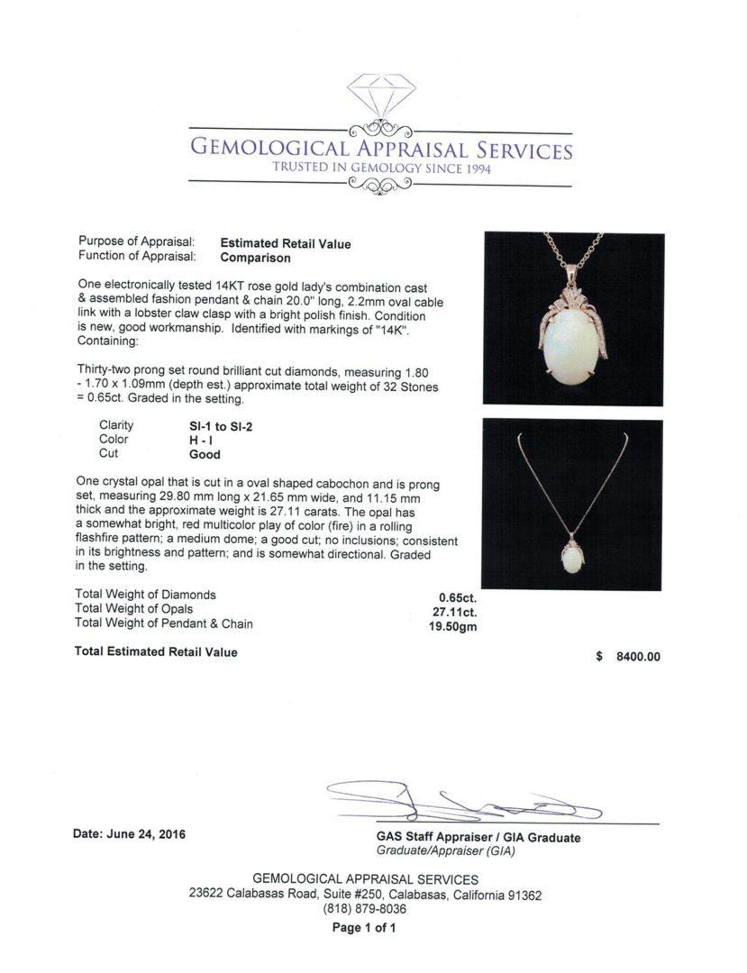 27.11 ctw Opal and Diamond Pendant With Chain - 14KT Rose Gold - Image 3 of 3