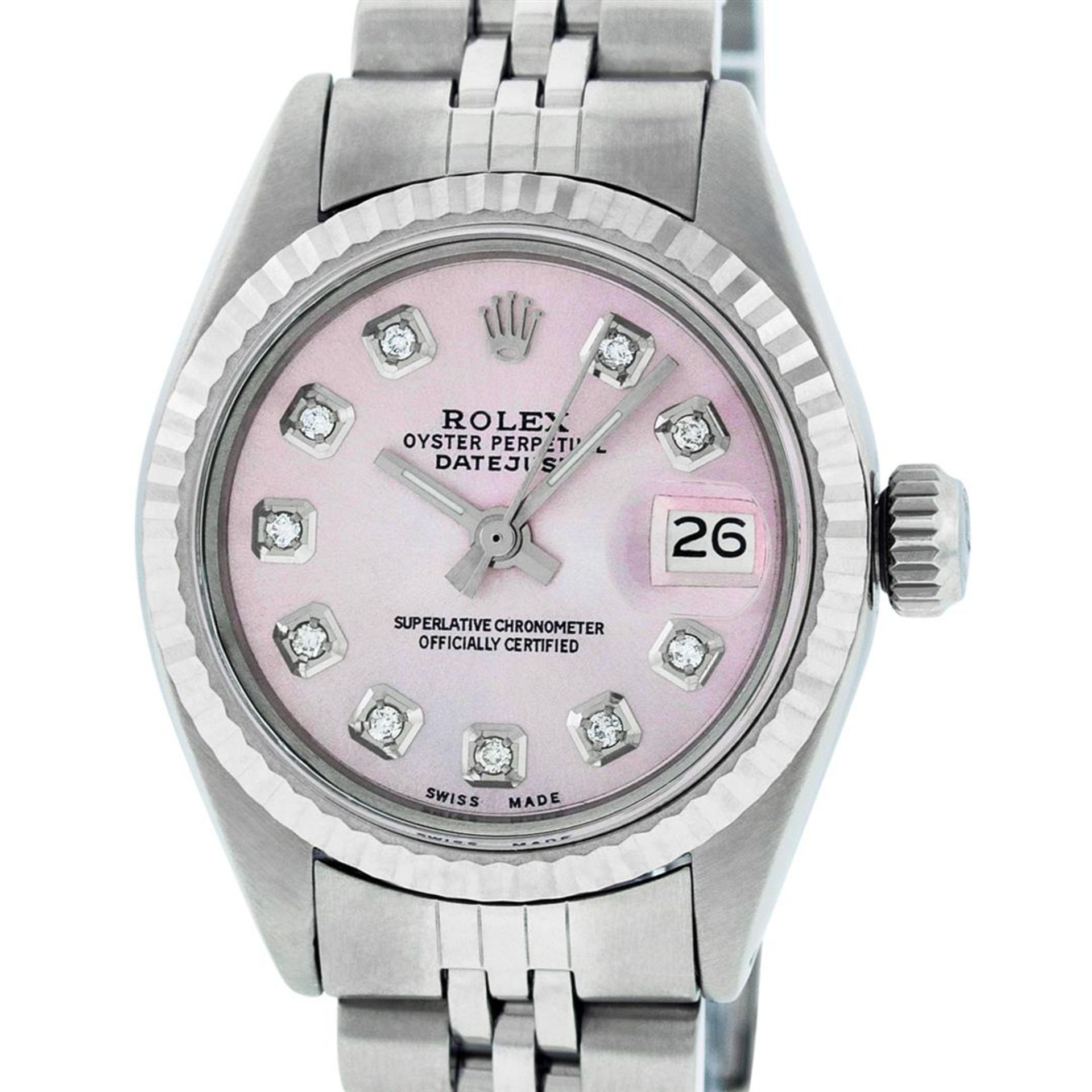 Rolex Ladies 26 Stainless Steel Pink Diamond Oyster Perpetual Datejust Wristwatc
