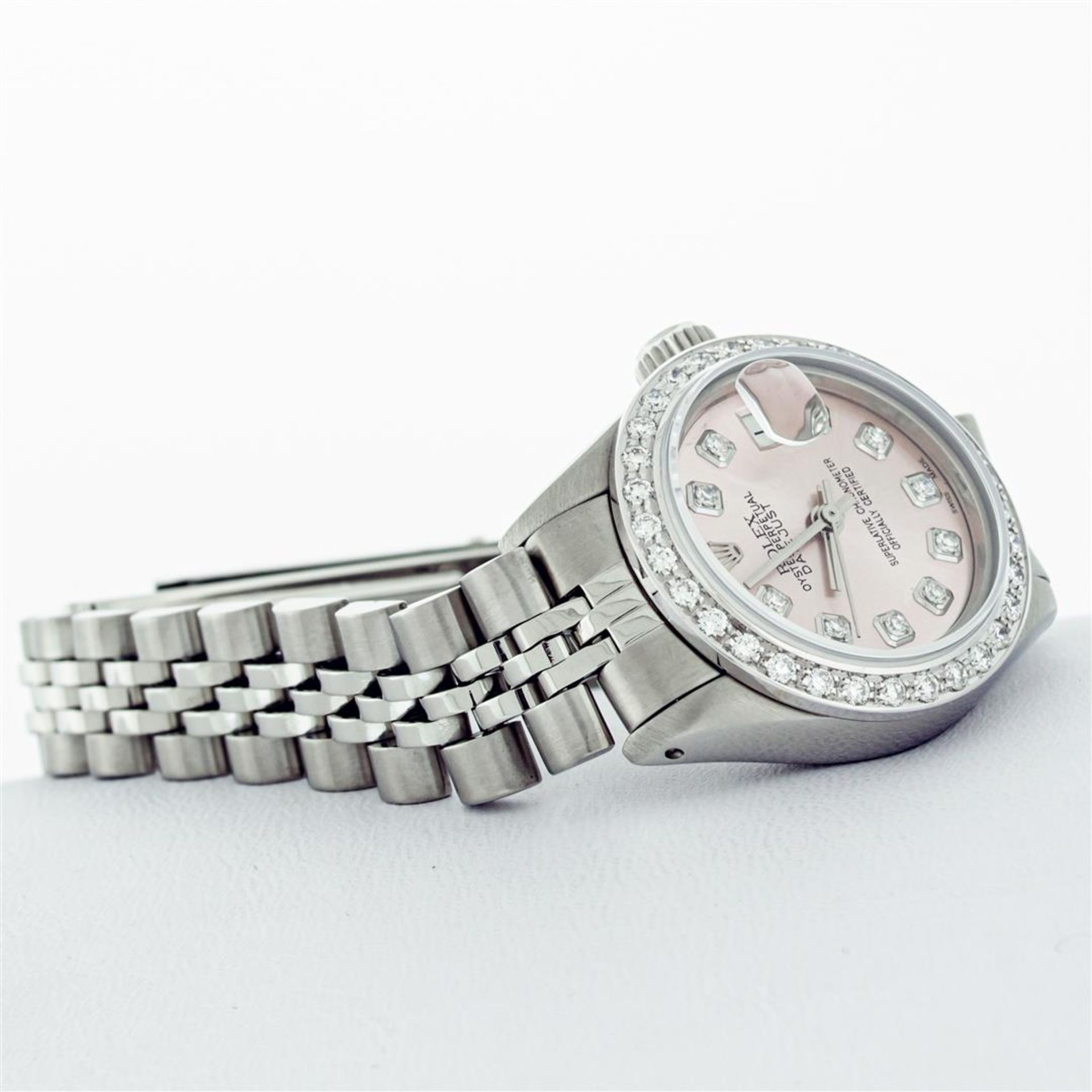 Rolex Ladies Stainless Steel Pink Diamond 18K Gold Bezel Datejust Wristwatch - Image 6 of 9